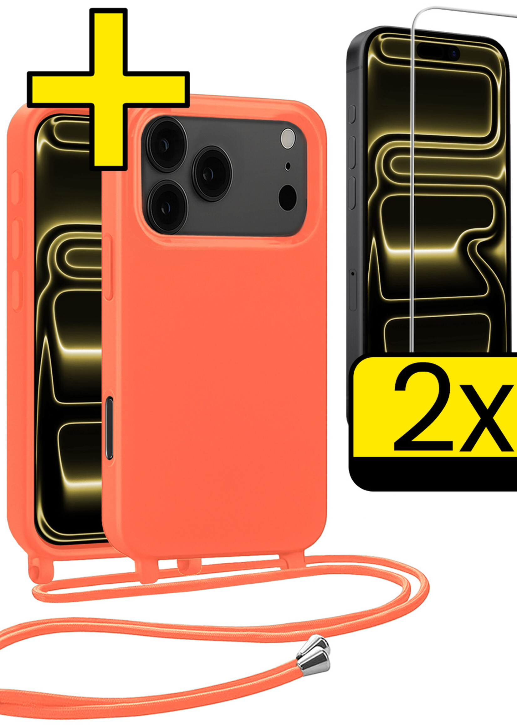 LUQ LUQ iPhone 17 Pro Max Hoesje met Koord Met 2x Screenprotector - Papaya