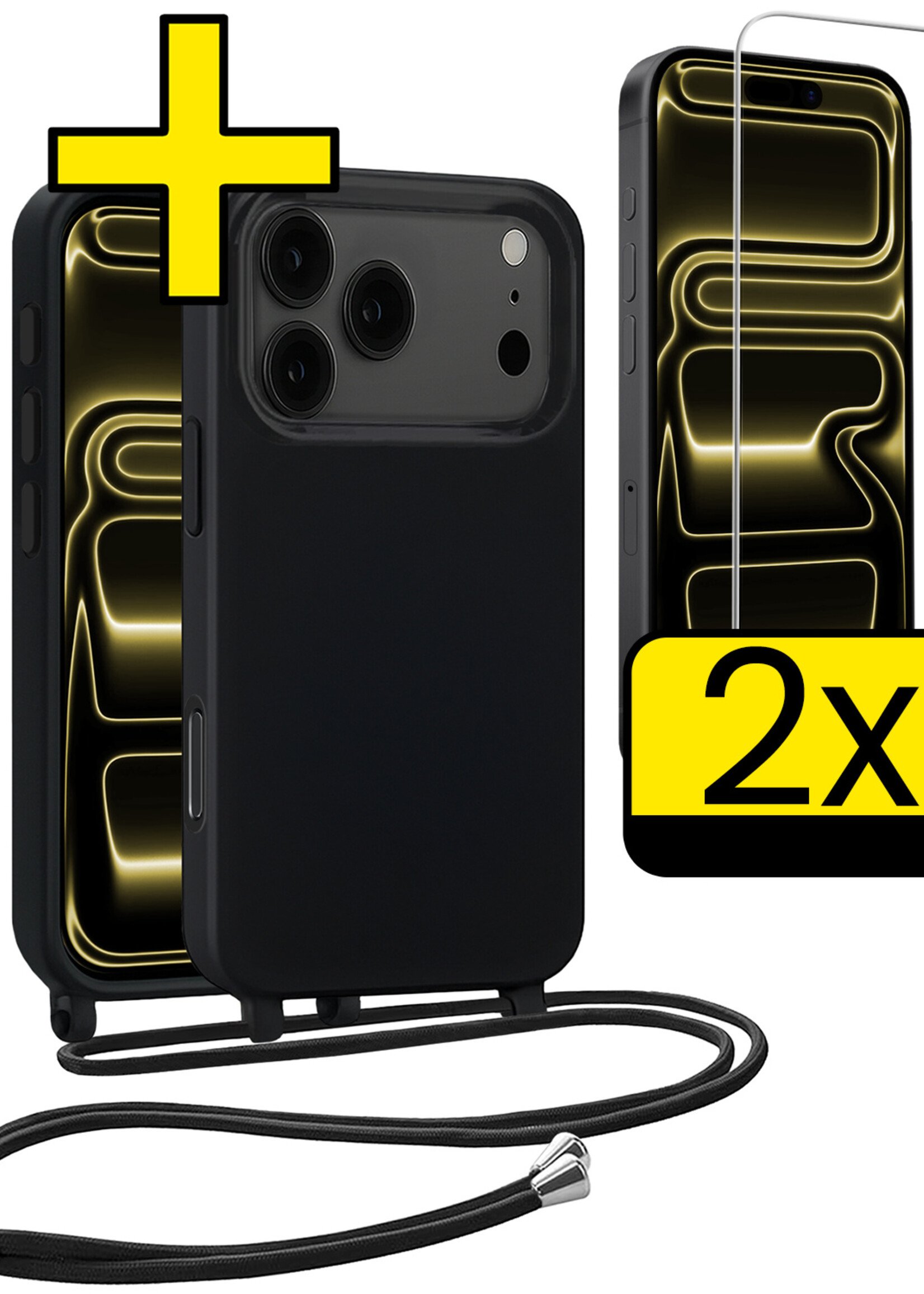 LUQ LUQ iPhone 17 Pro Max Hoesje met Koord Met 2x Screenprotector - Zwart