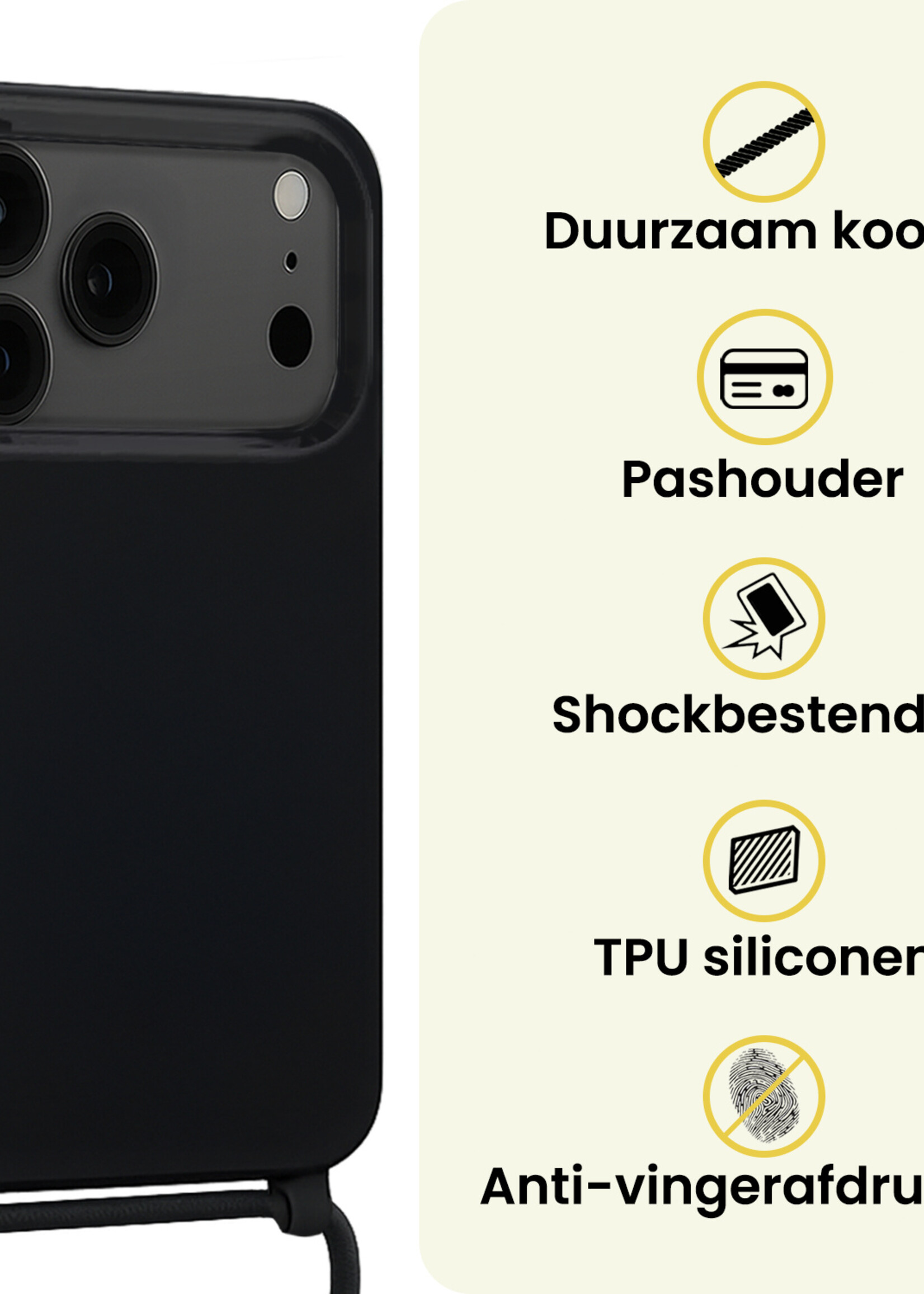 LUQ LUQ iPhone 17 Pro Max Hoesje met Koord Met 2x Screenprotector - Zwart