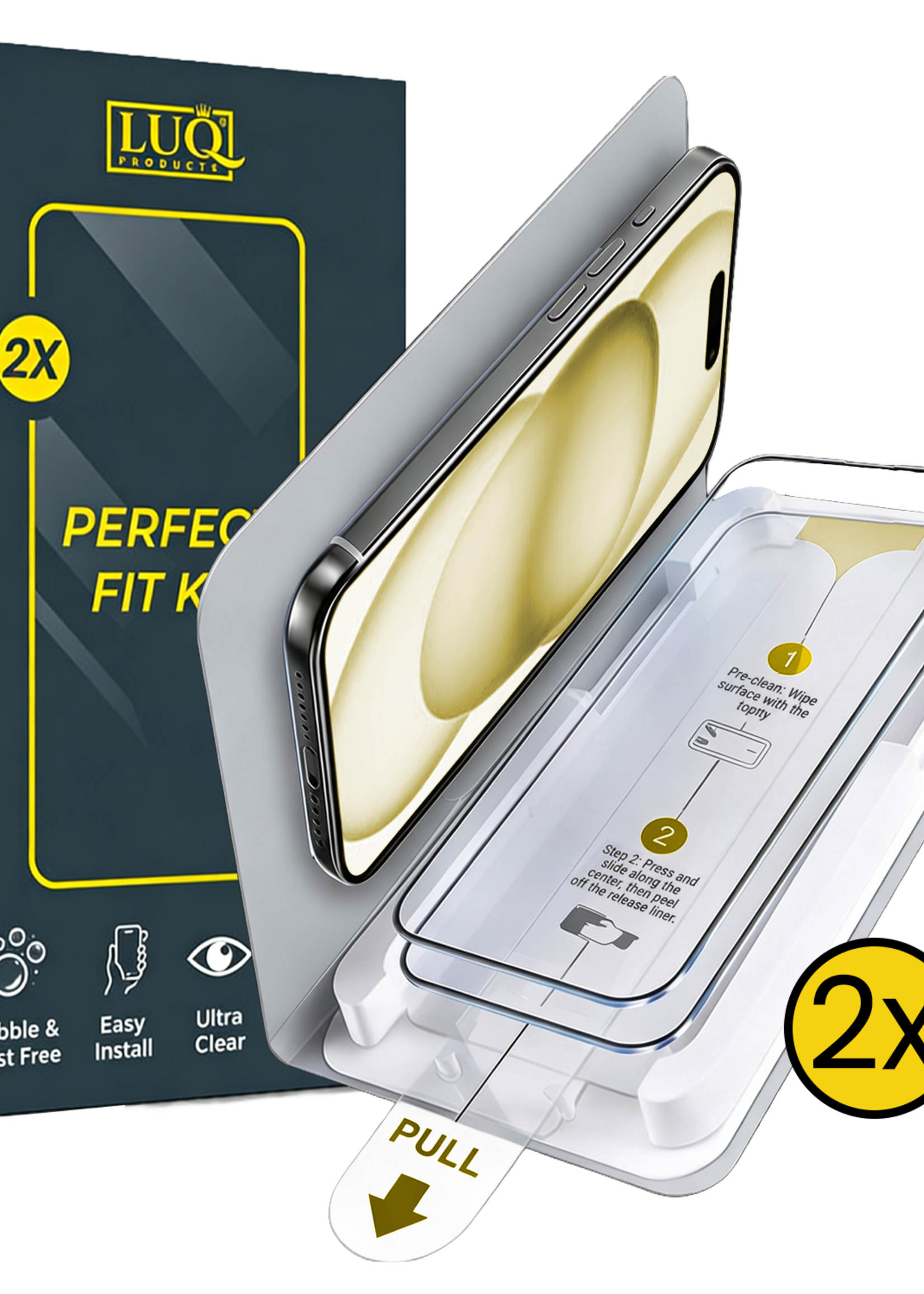 LUQ LUQ iPhone 15 Plus Screenprotector Perfect Fit Kit - 2 PACK