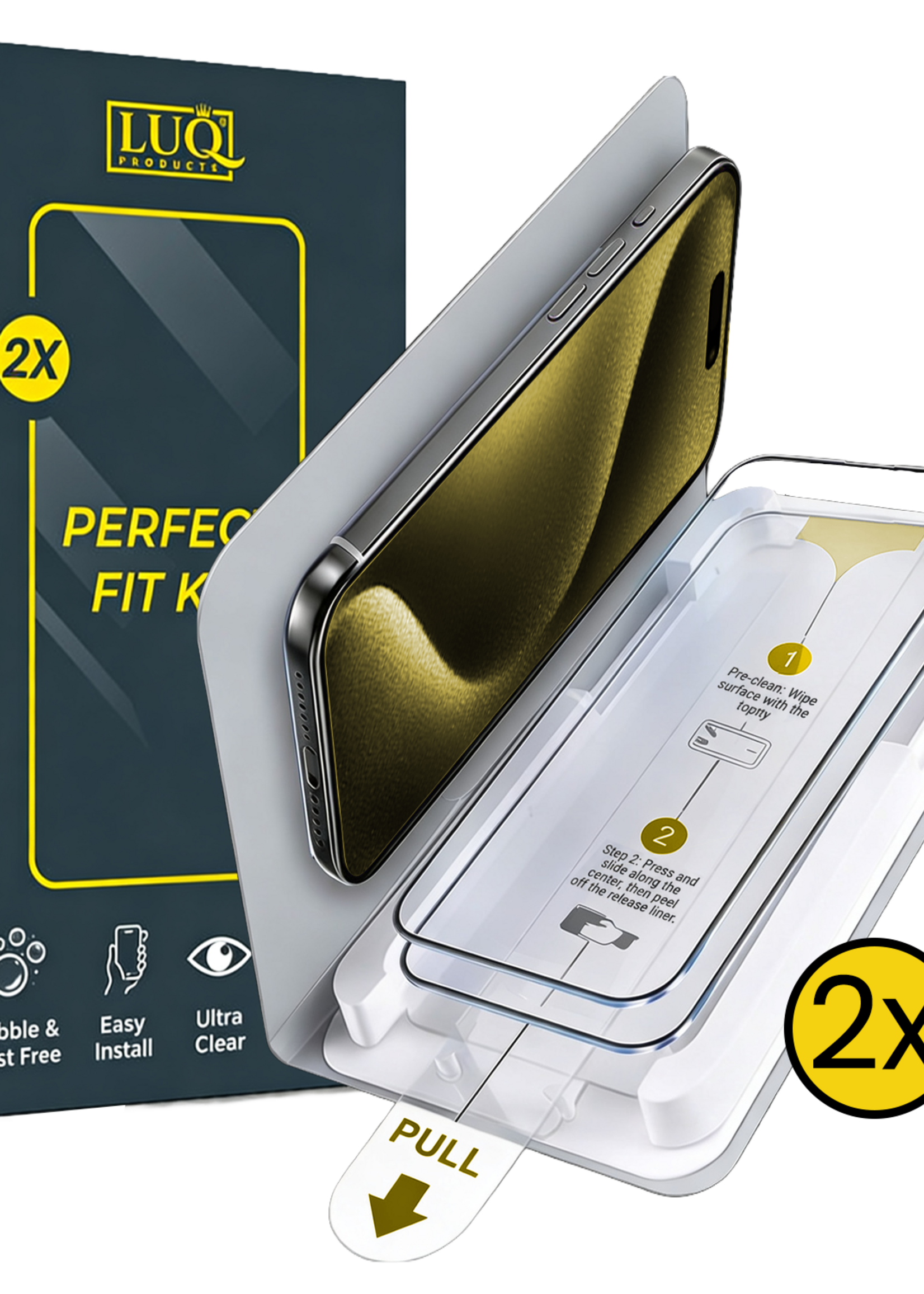 LUQ LUQ iPhone 15 Pro Max Screenprotector Perfect Fit Kit - 2 PACK