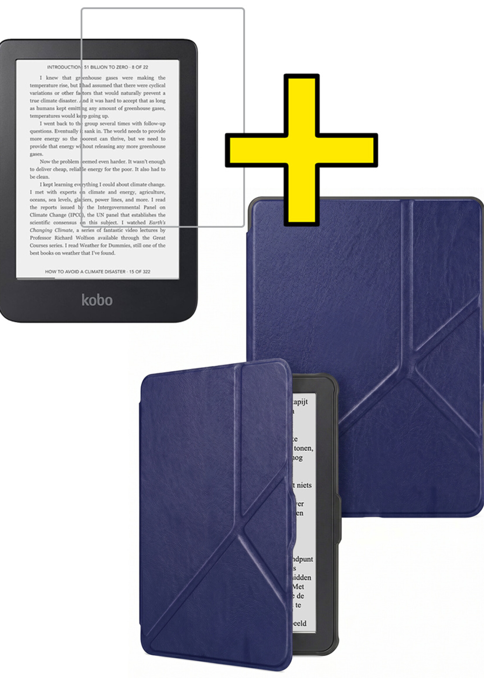 LUQ LUQ Kobo Clara HD Hoesje Trifold Met Screenprotector - Donkerblauw