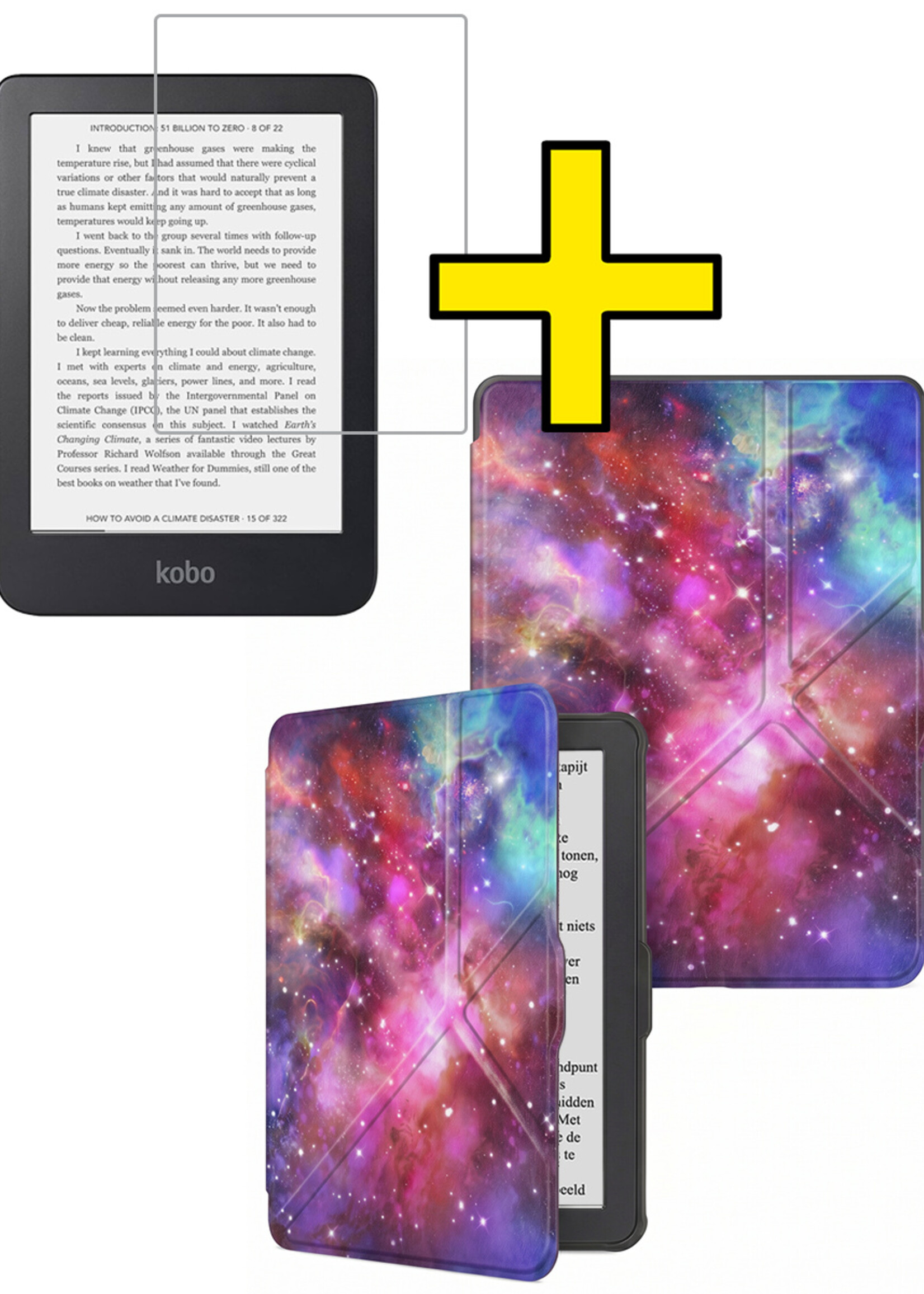 LUQ LUQ Kobo Clara HD Hoesje Trifold Met Screenprotector - Galaxy