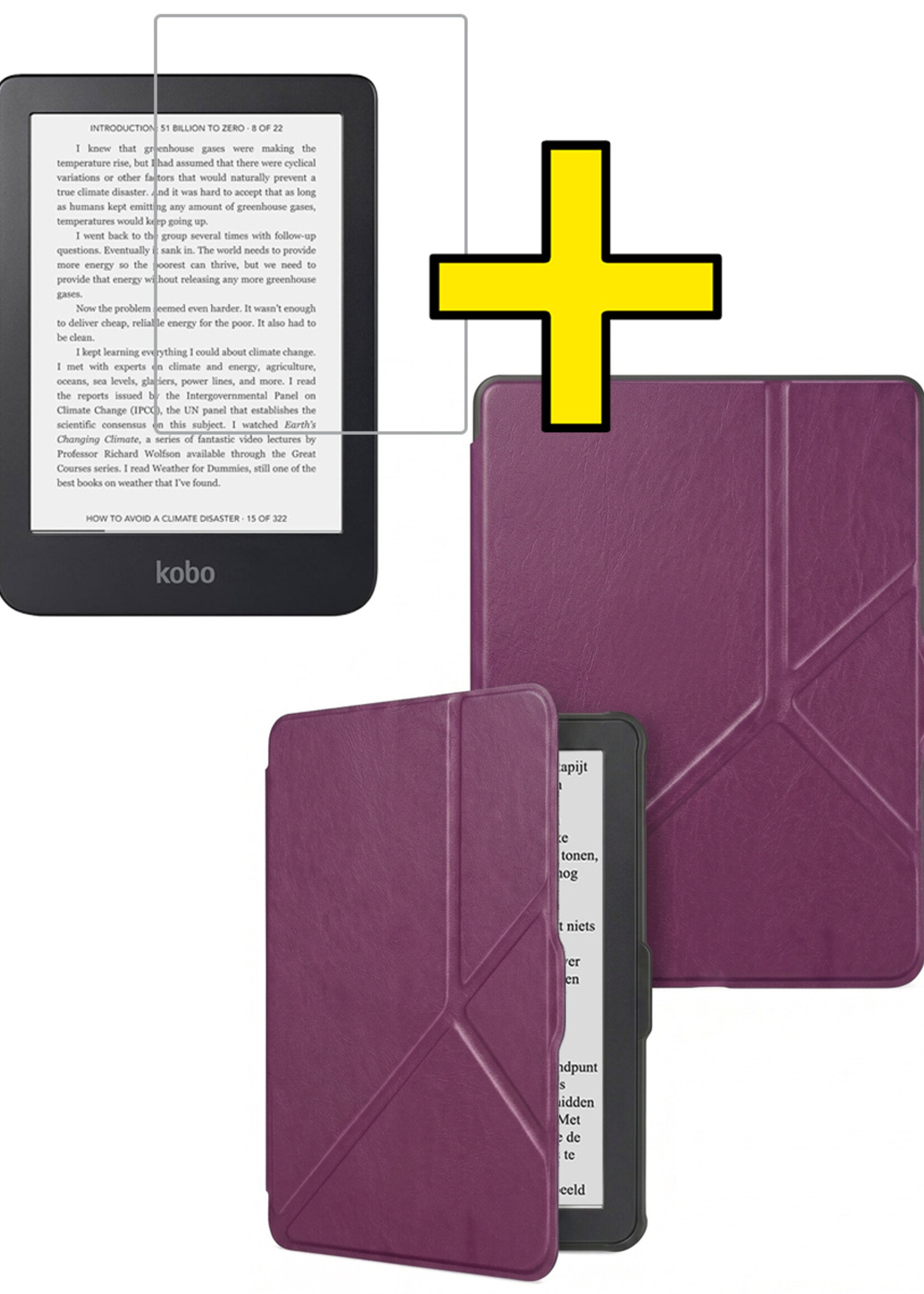 LUQ LUQ Kobo Clara HD Hoesje Trifold Met Screenprotector - Paars