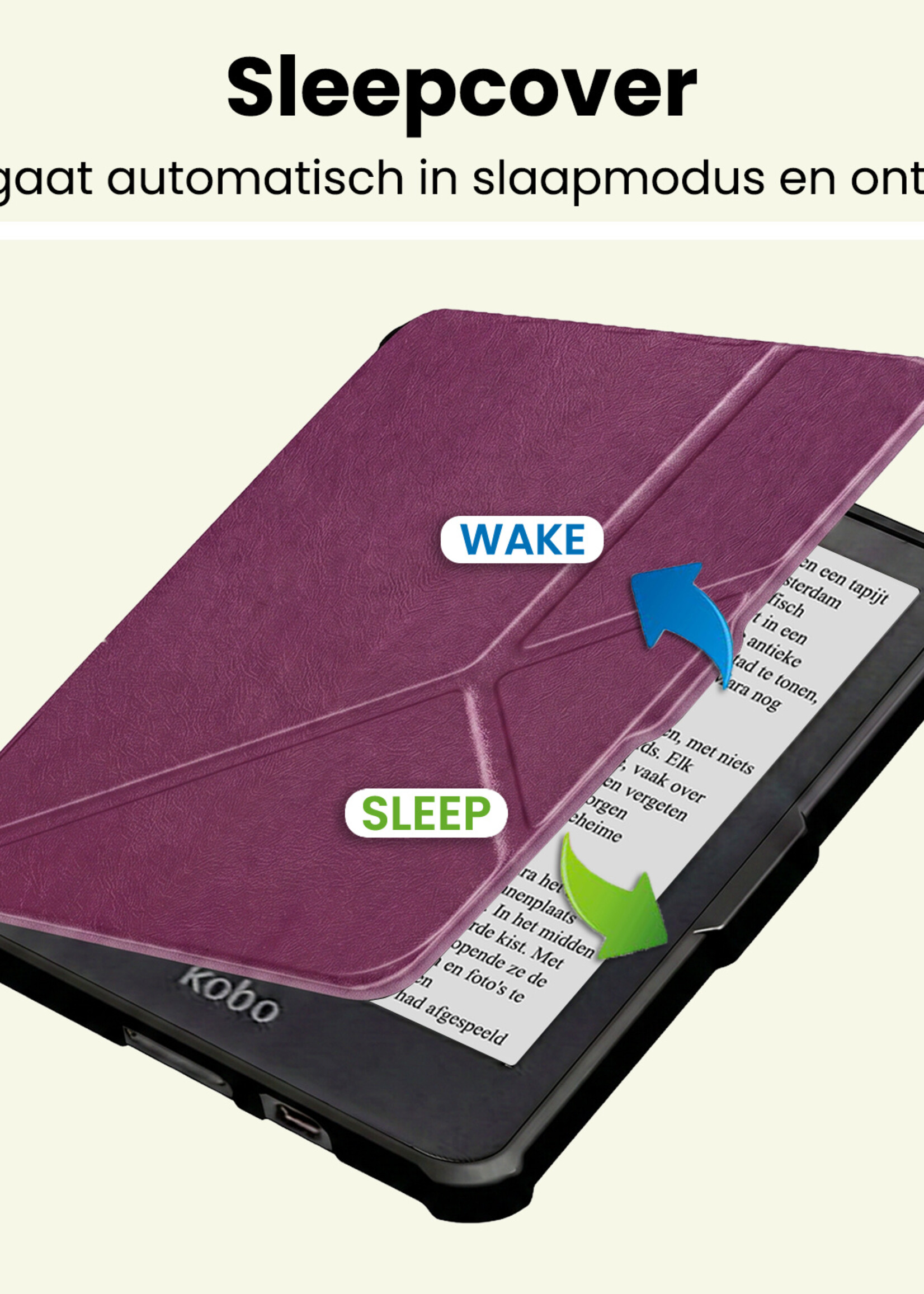 LUQ LUQ Kobo Clara HD Hoesje Trifold Met Screenprotector - Paars