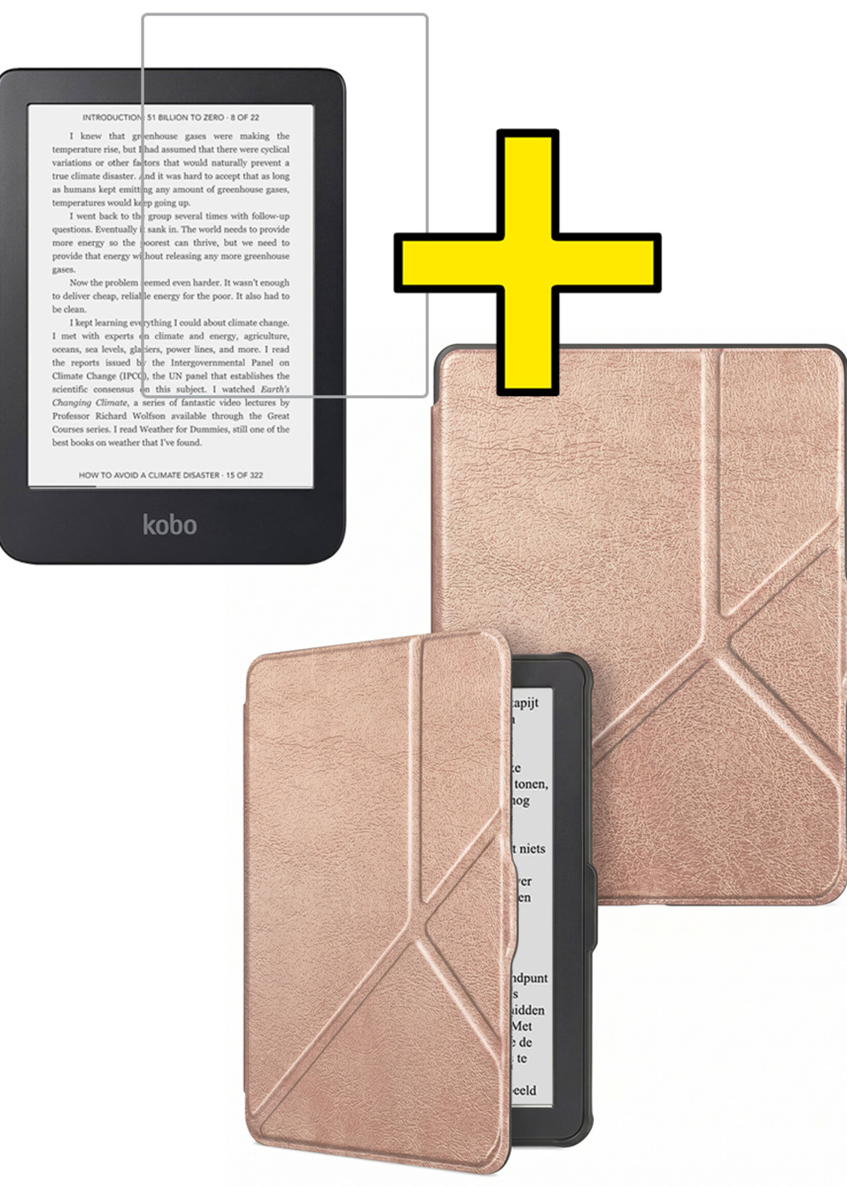 LUQ LUQ Kobo Clara HD Hoesje Trifold Met Screenprotector - Rose Goud