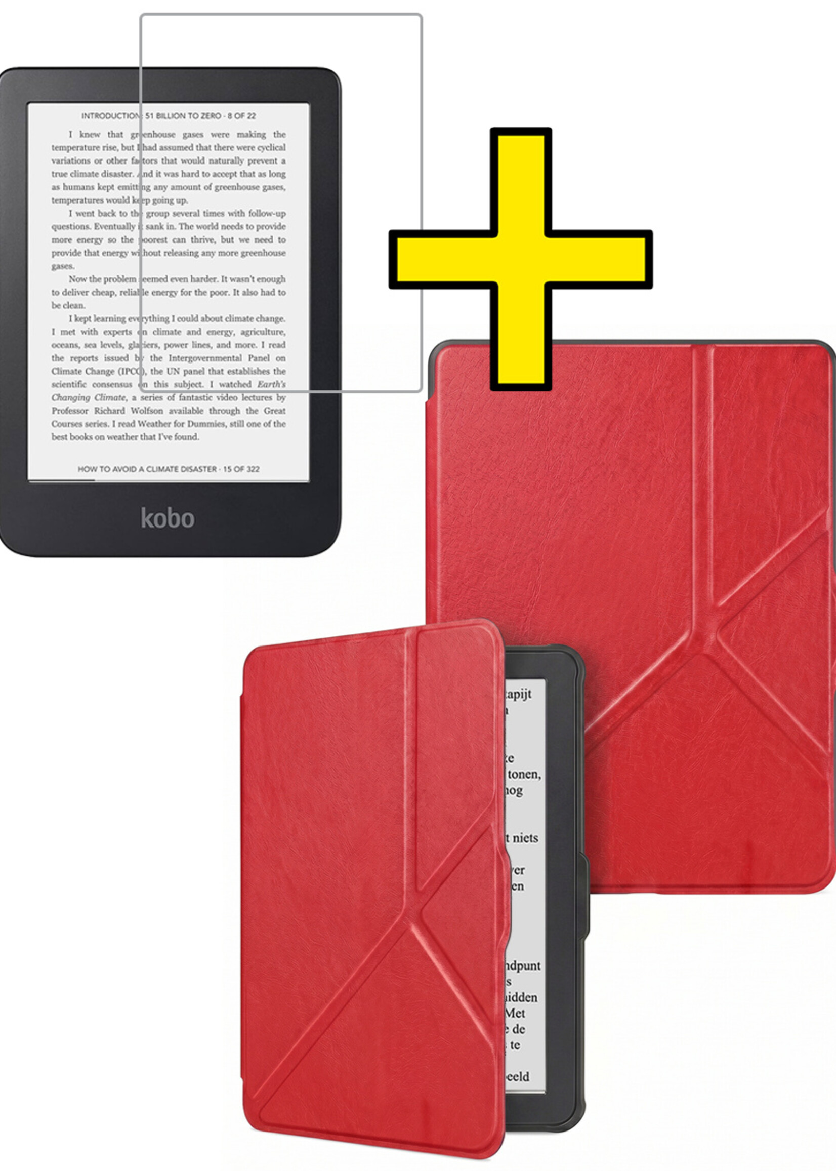 LUQ LUQ Kobo Clara HD Hoesje Trifold Met Screenprotector - Rood