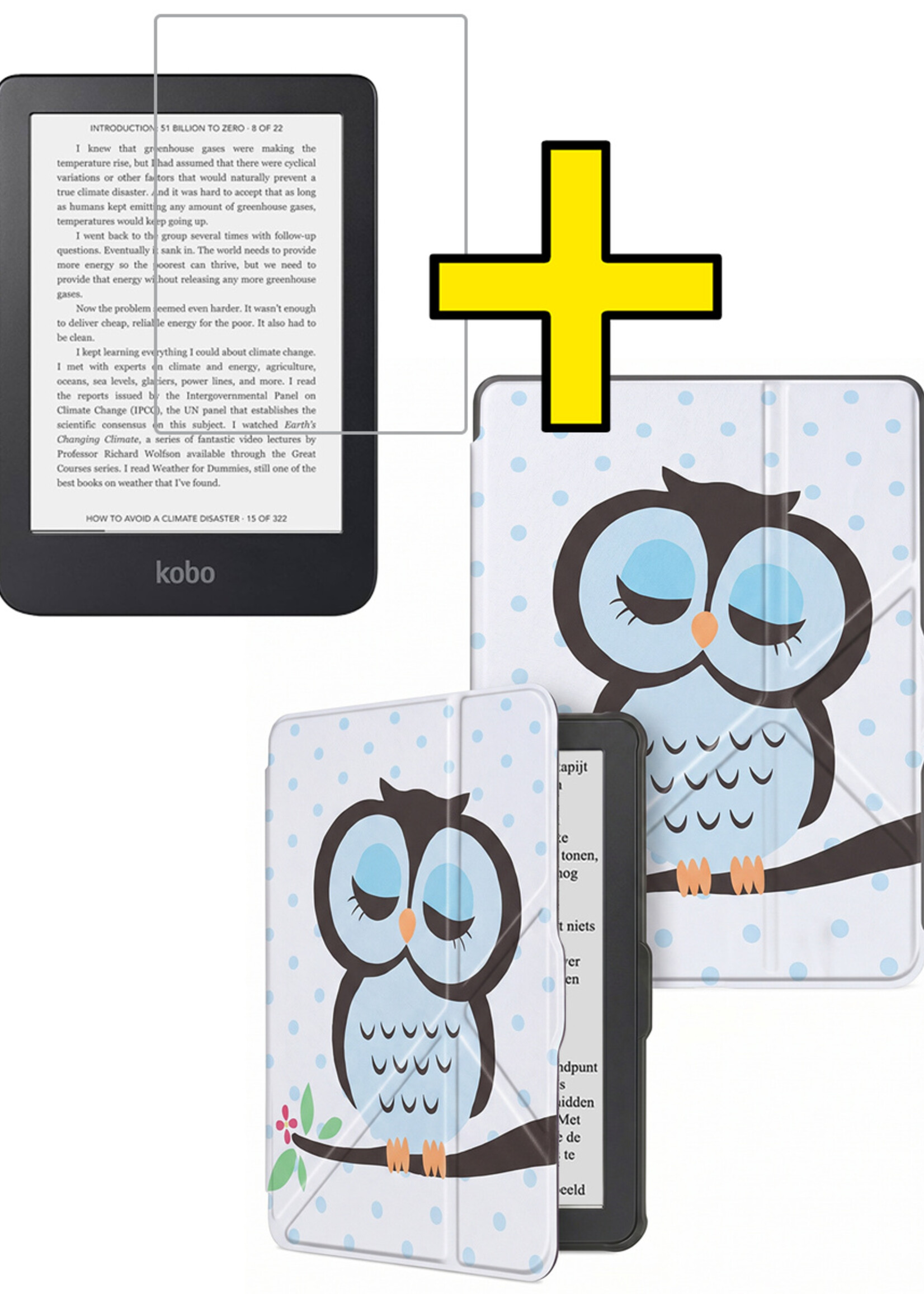 LUQ LUQ Kobo Clara HD Hoesje Trifold Met Screenprotector - Uil