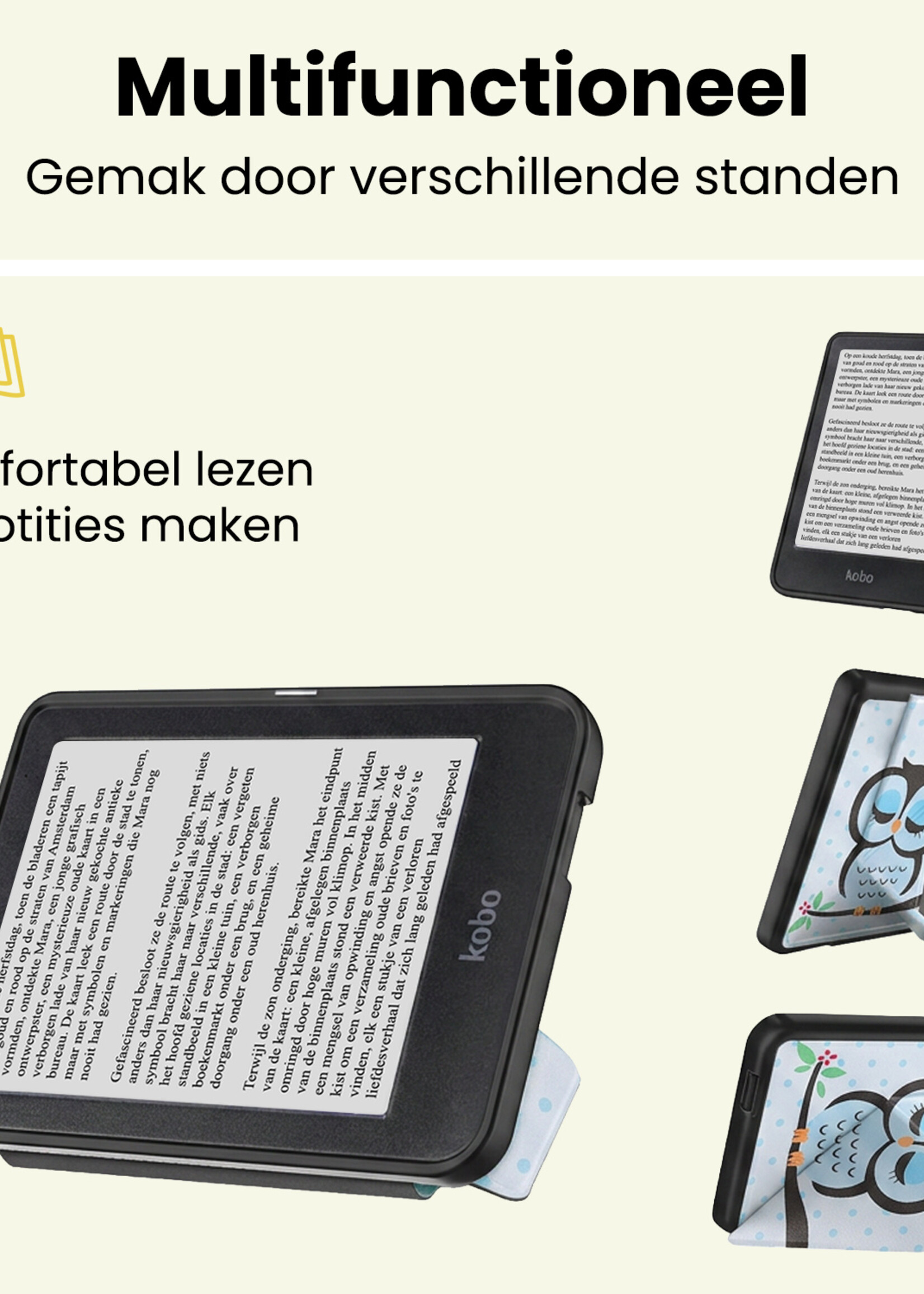 LUQ LUQ Kobo Clara HD Hoesje Trifold Met Screenprotector - Uil