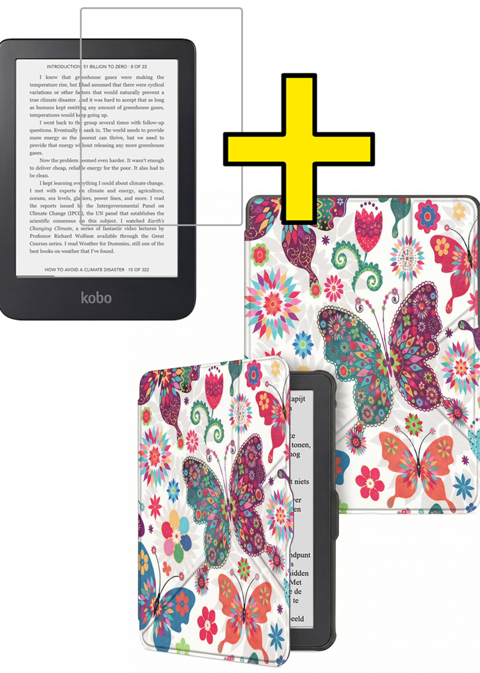 LUQ LUQ Kobo Clara HD Hoesje Trifold Met Screenprotector - Vlinders
