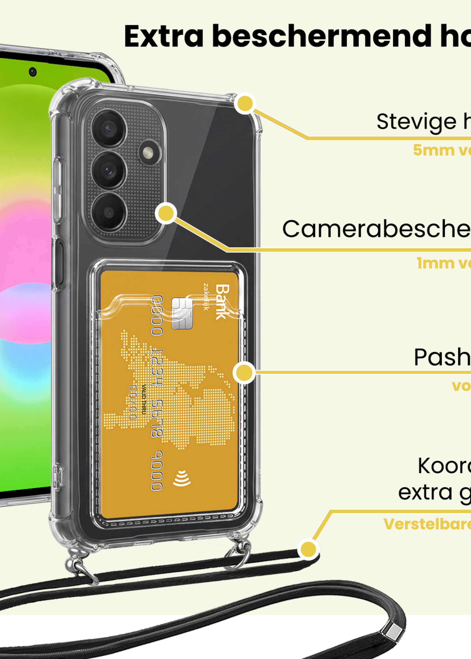 LUQ LUQ Samsung Galaxy A27 Hoesje Pashouder met Koord Met Screenprotector