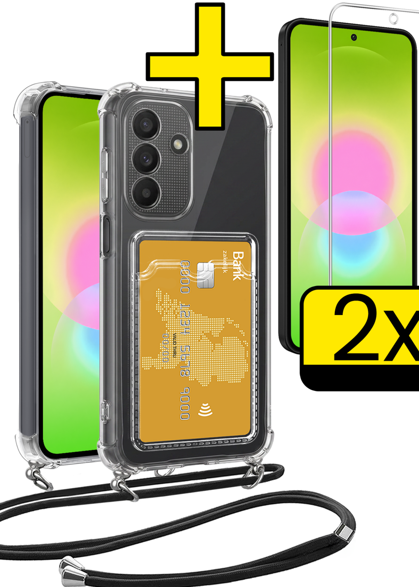 LUQ LUQ Samsung Galaxy A27 Hoesje Pashouder met Koord Met 2x Screenprotector