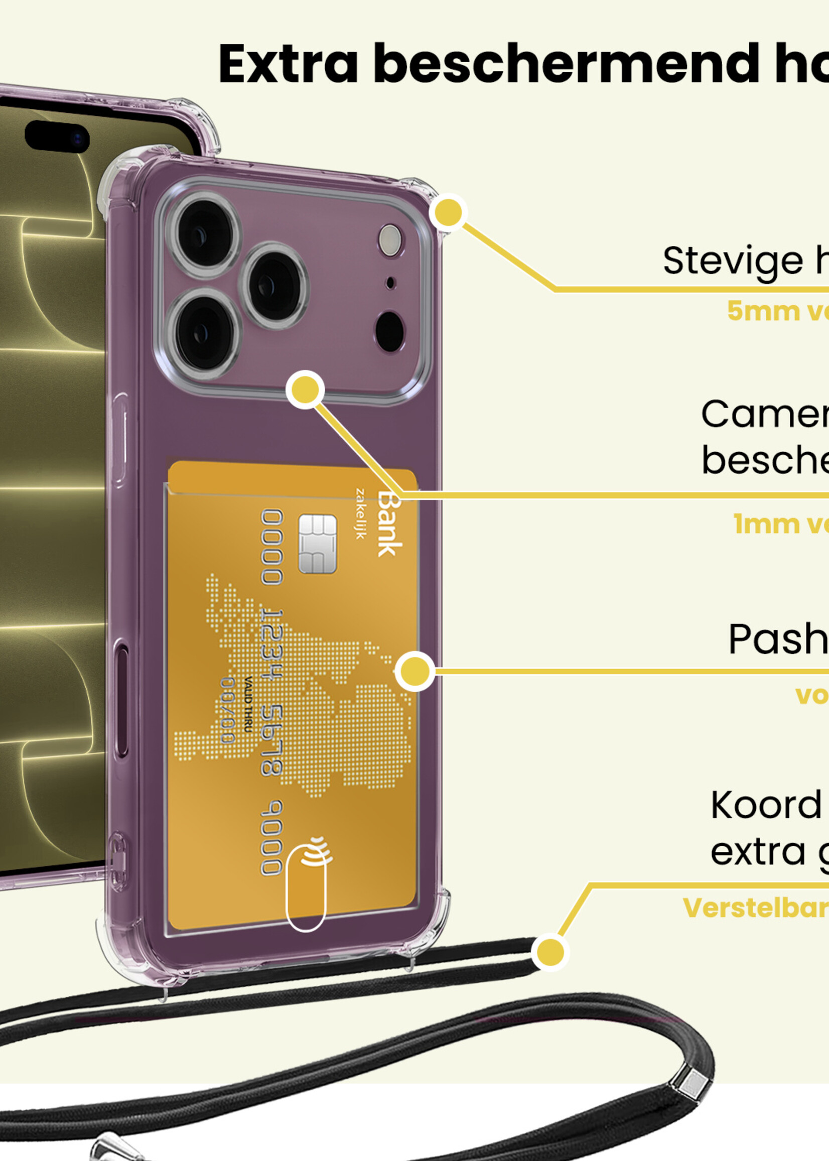 LUQ LUQ iPhone 18 Pro Hoesje Pashouder met Koord - 2 PACK