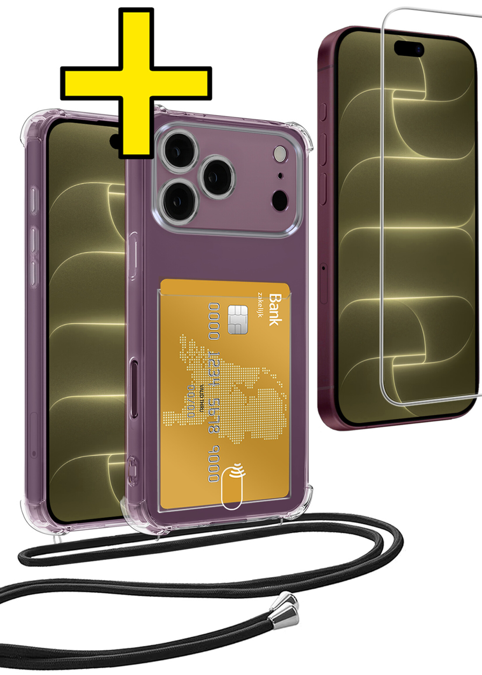 LUQ LUQ iPhone 18 Pro Hoesje Pashouder met Koord Met Screenprotector