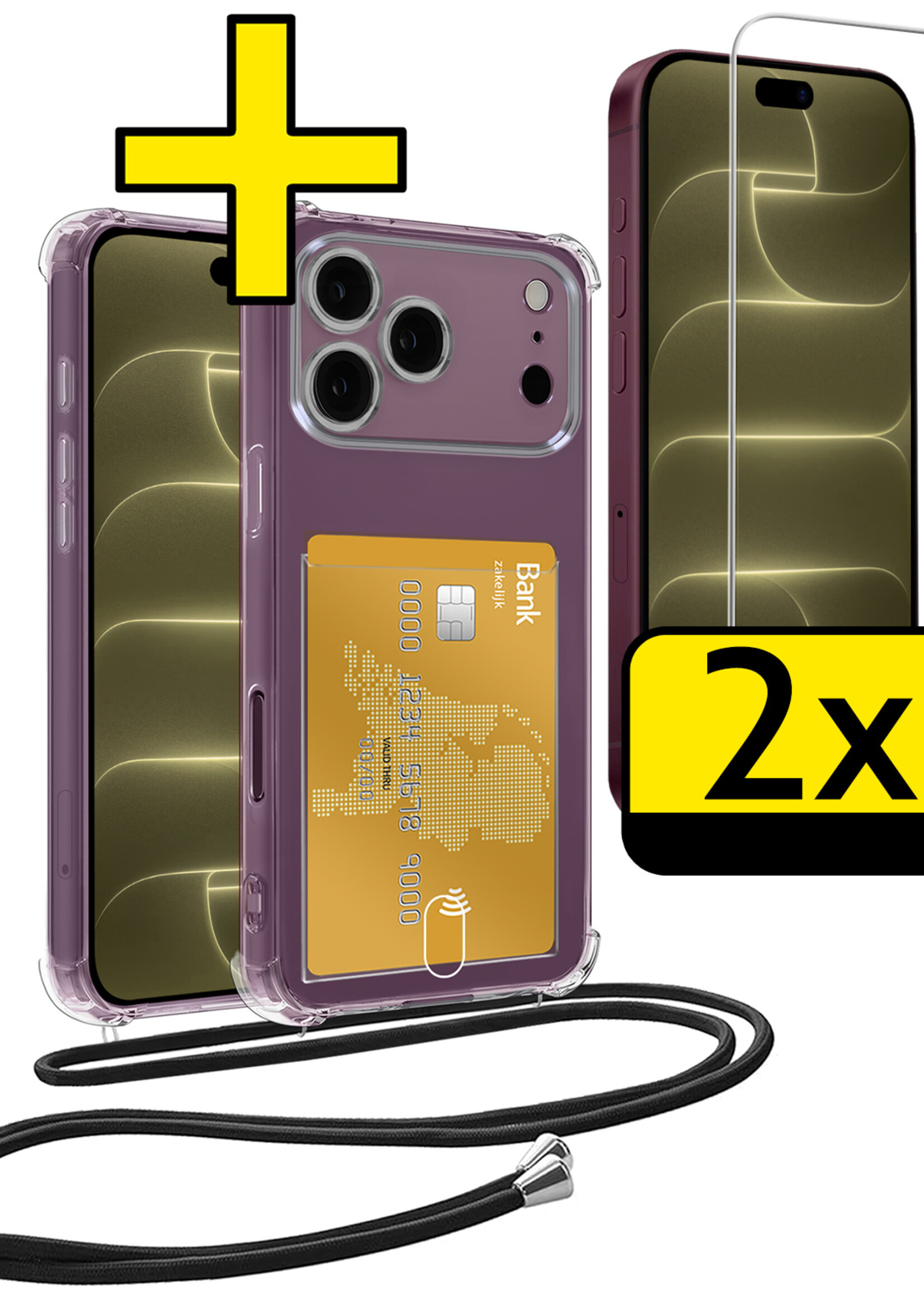 LUQ LUQ iPhone 18 Pro Hoesje Pashouder met Koord Met 2x Screenprotector
