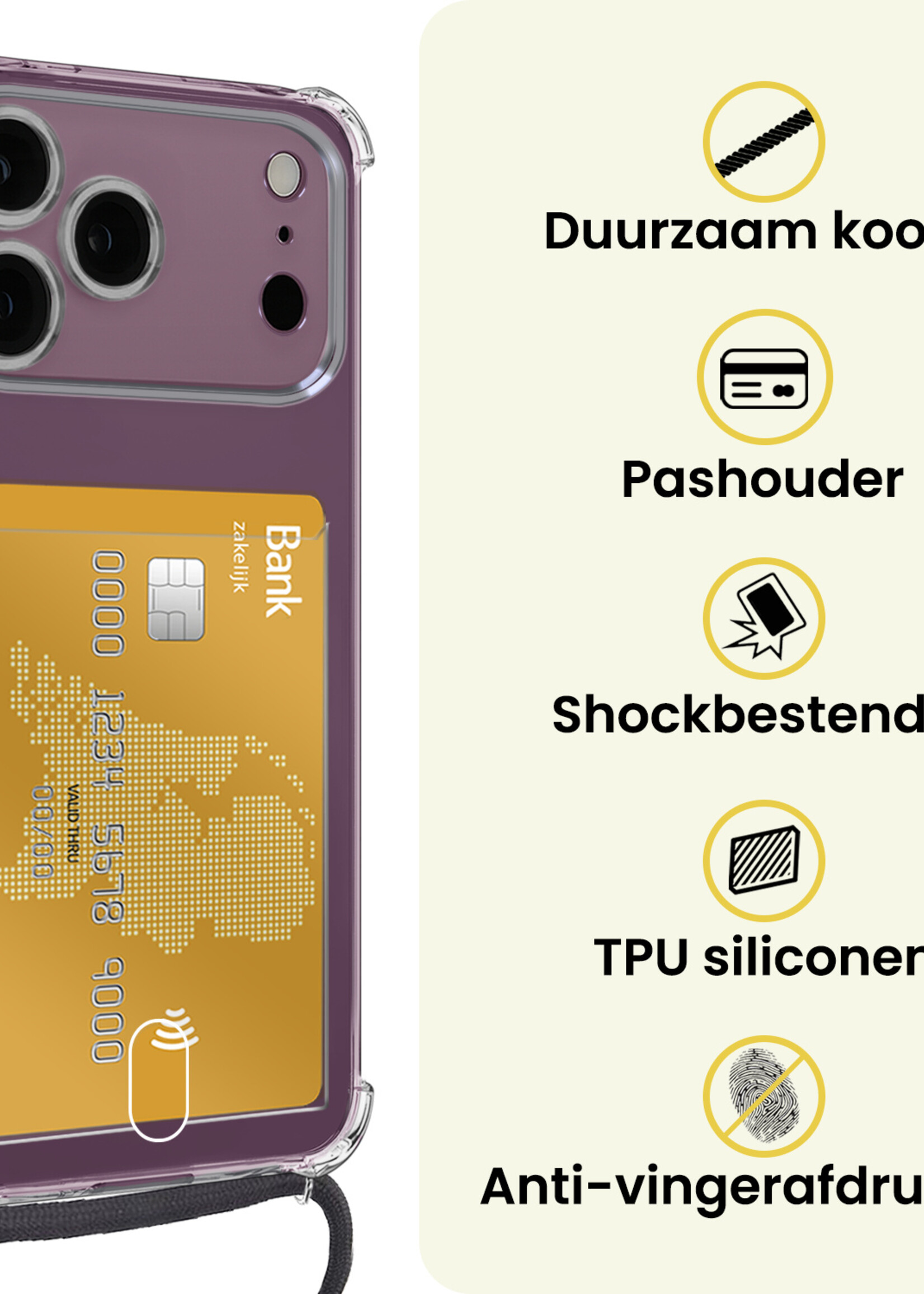 LUQ LUQ iPhone 18 Pro Hoesje Pashouder met Koord Met 2x Screenprotector