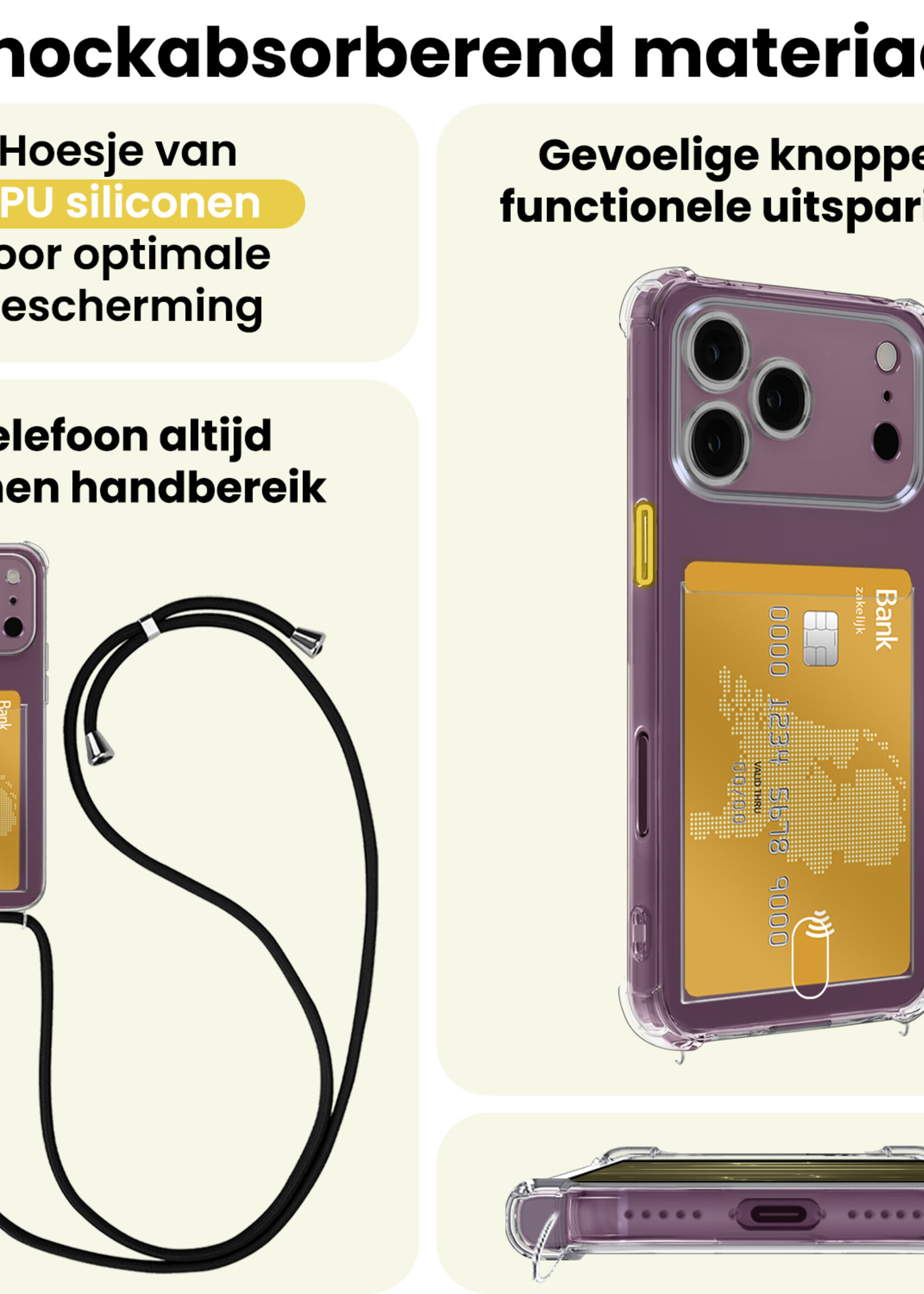 LUQ LUQ iPhone 18 Pro Hoesje Pashouder met Koord Met 2x Screenprotector