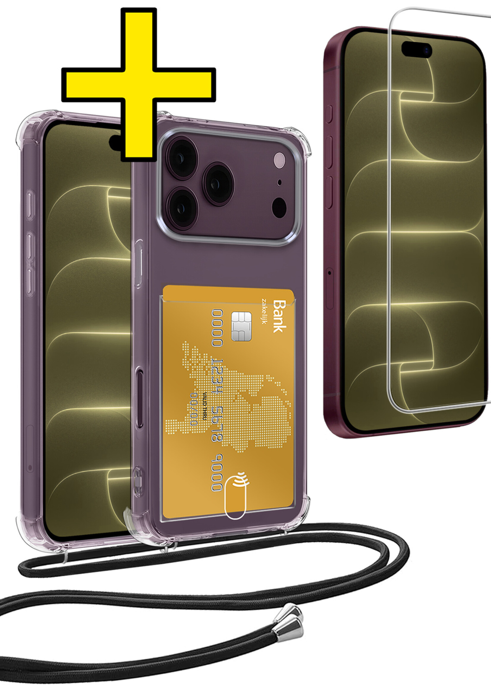 LUQ LUQ iPhone 18 Pro Max Hoesje Pashouder met Koord Met Screenprotector