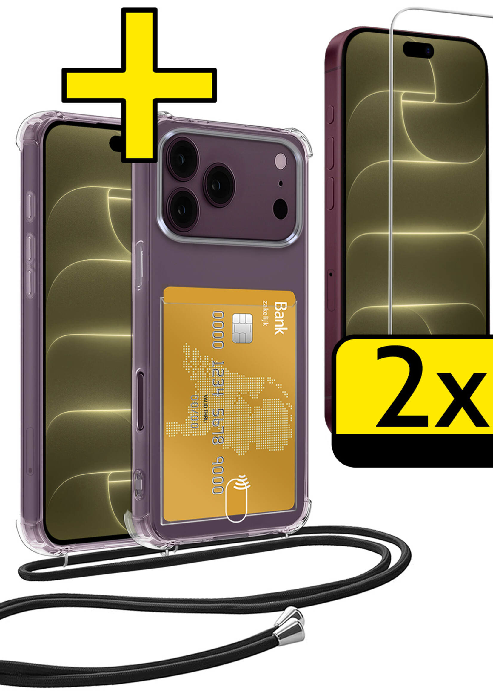 LUQ LUQ iPhone 18 Pro Max Hoesje Pashouder met Koord Met 2x Screenprotector