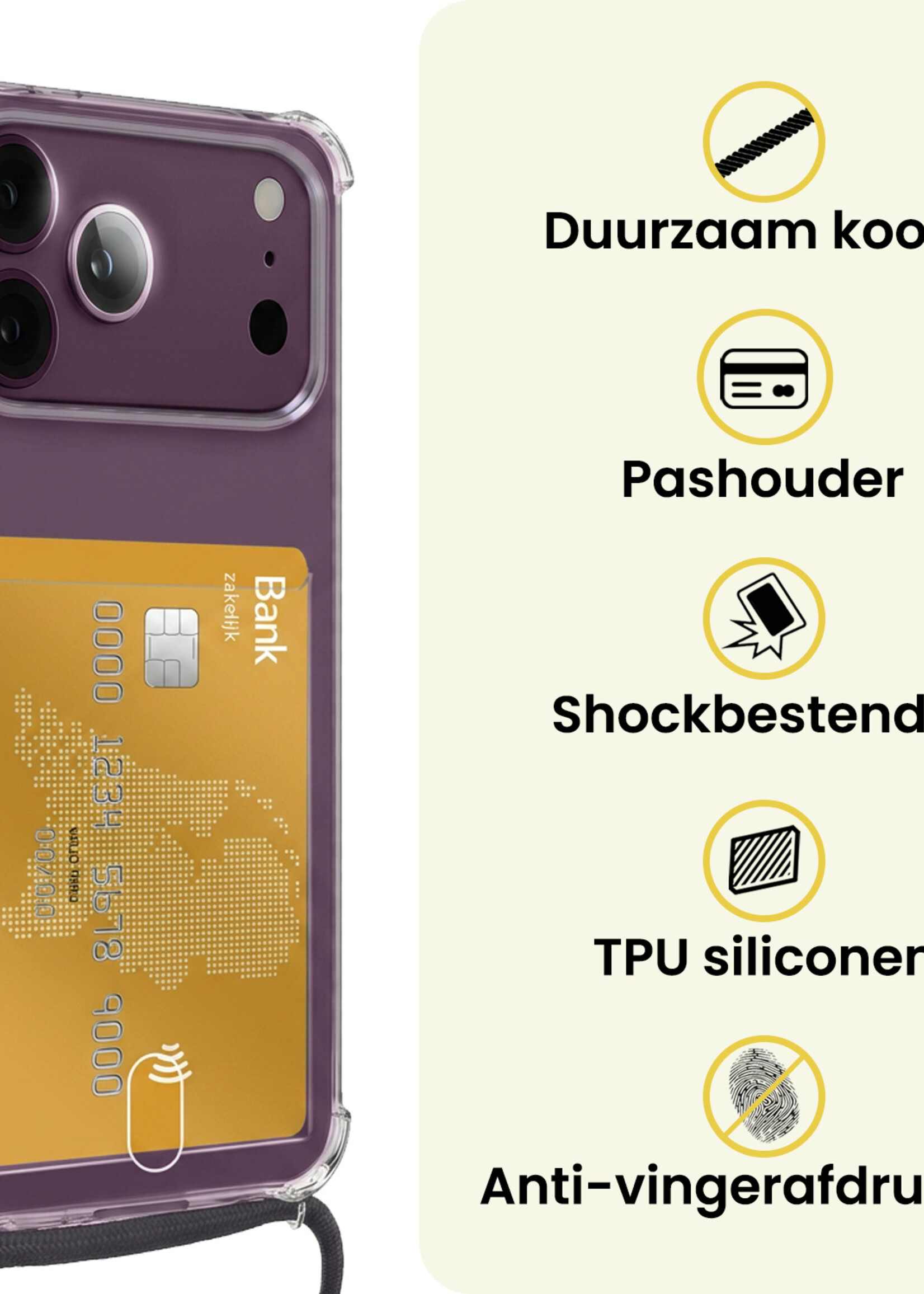 LUQ LUQ iPhone 18 Pro Max Hoesje Pashouder met Koord Met 2x Screenprotector