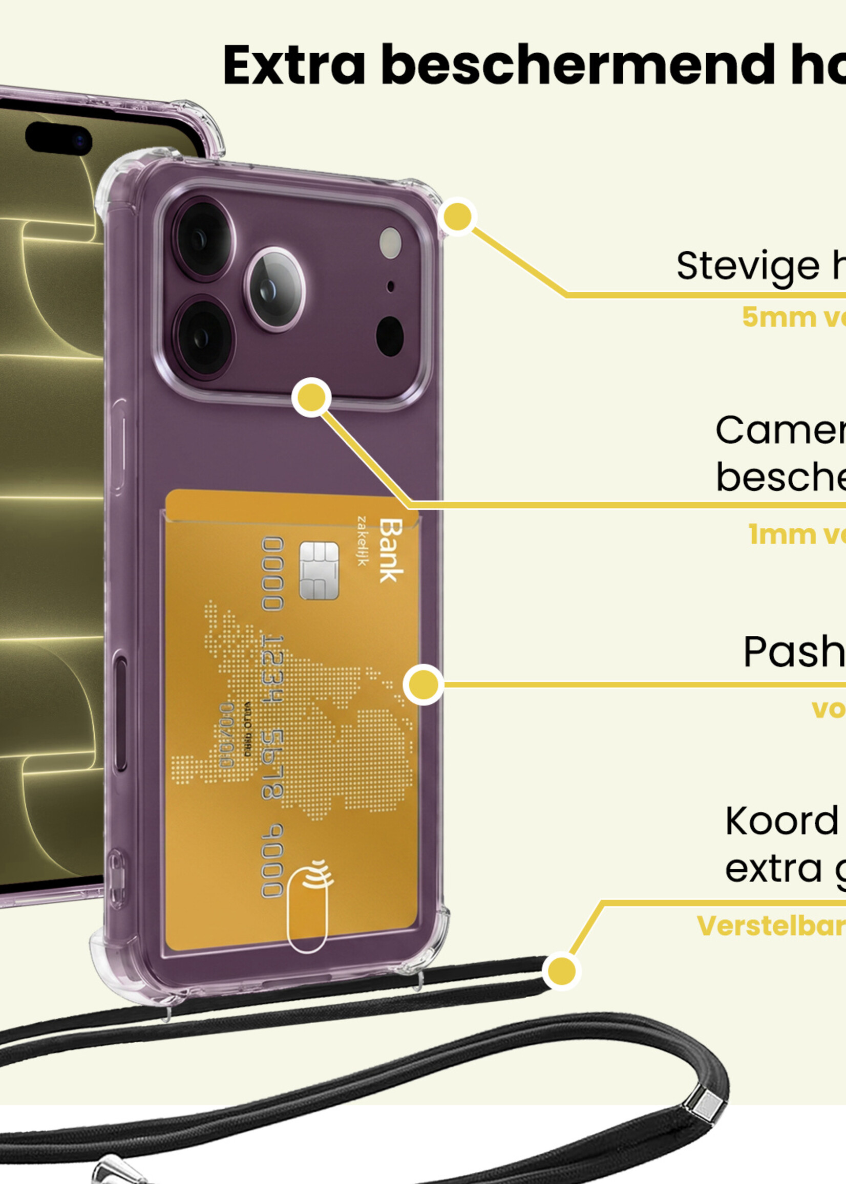 LUQ LUQ iPhone 18 Pro Max Hoesje Pashouder met Koord Met 2x Screenprotector