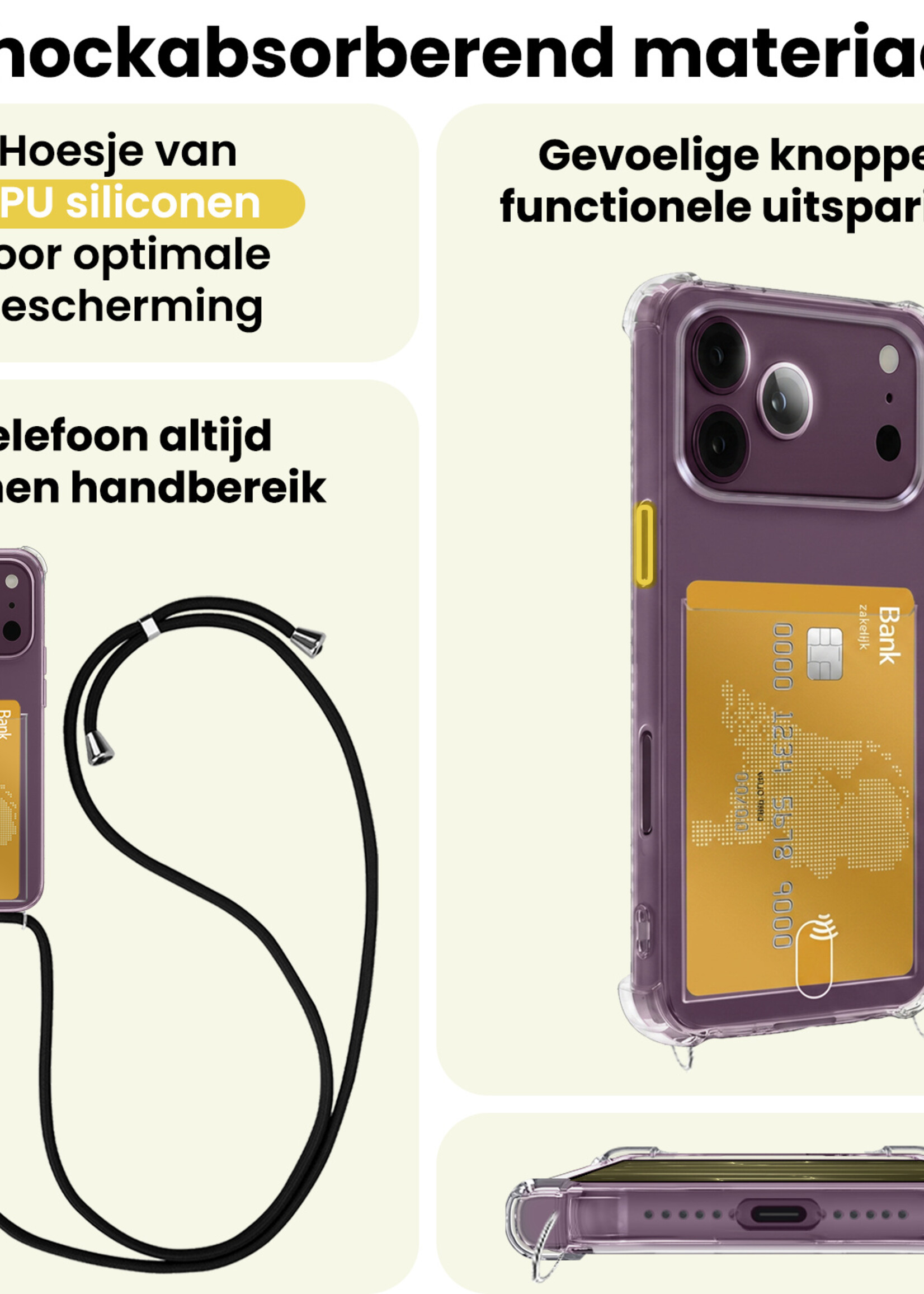 LUQ LUQ iPhone 18 Pro Max Hoesje Pashouder met Koord Met 2x Screenprotector