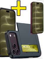 LUQ LUQ iPhone 18 Pro Hoesje Pashouder Hard Met Screenprotector - Donker Blauw