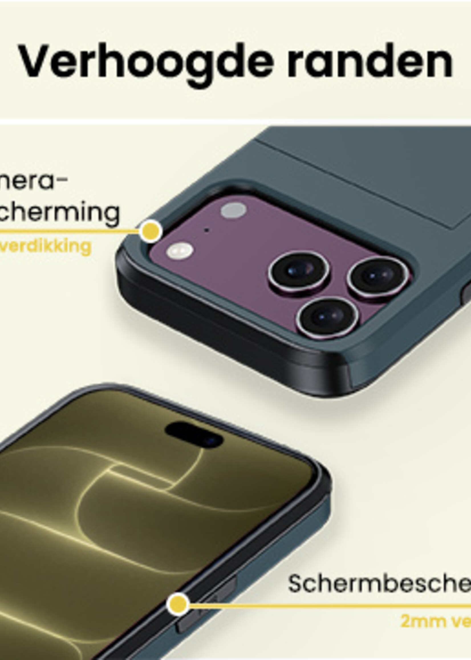 LUQ LUQ iPhone 18 Pro Hoesje Pashouder Hard Met Screenprotector - Donker Blauw