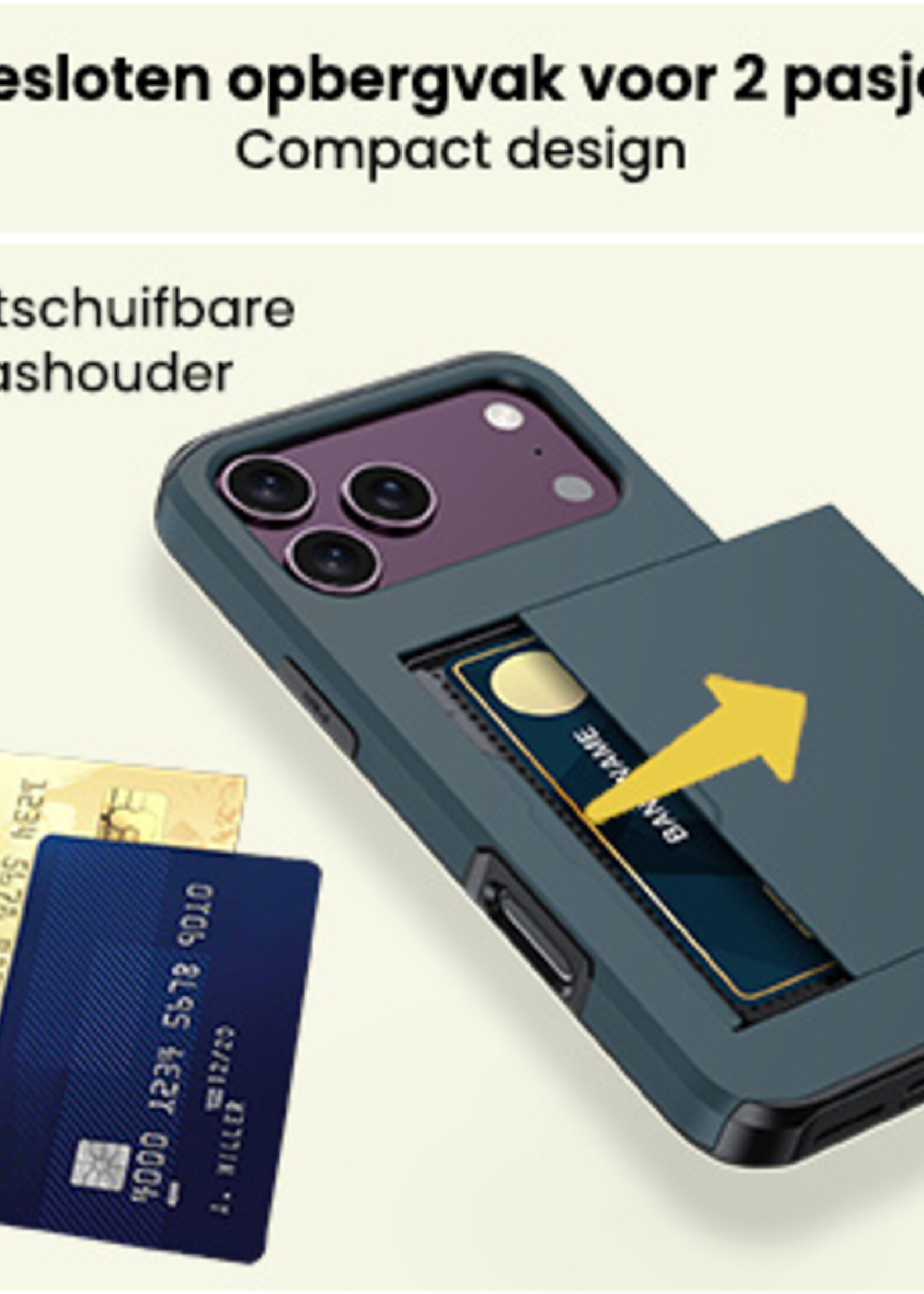 LUQ LUQ iPhone 18 Pro Hoesje Pashouder Hard Met Screenprotector - Donker Blauw