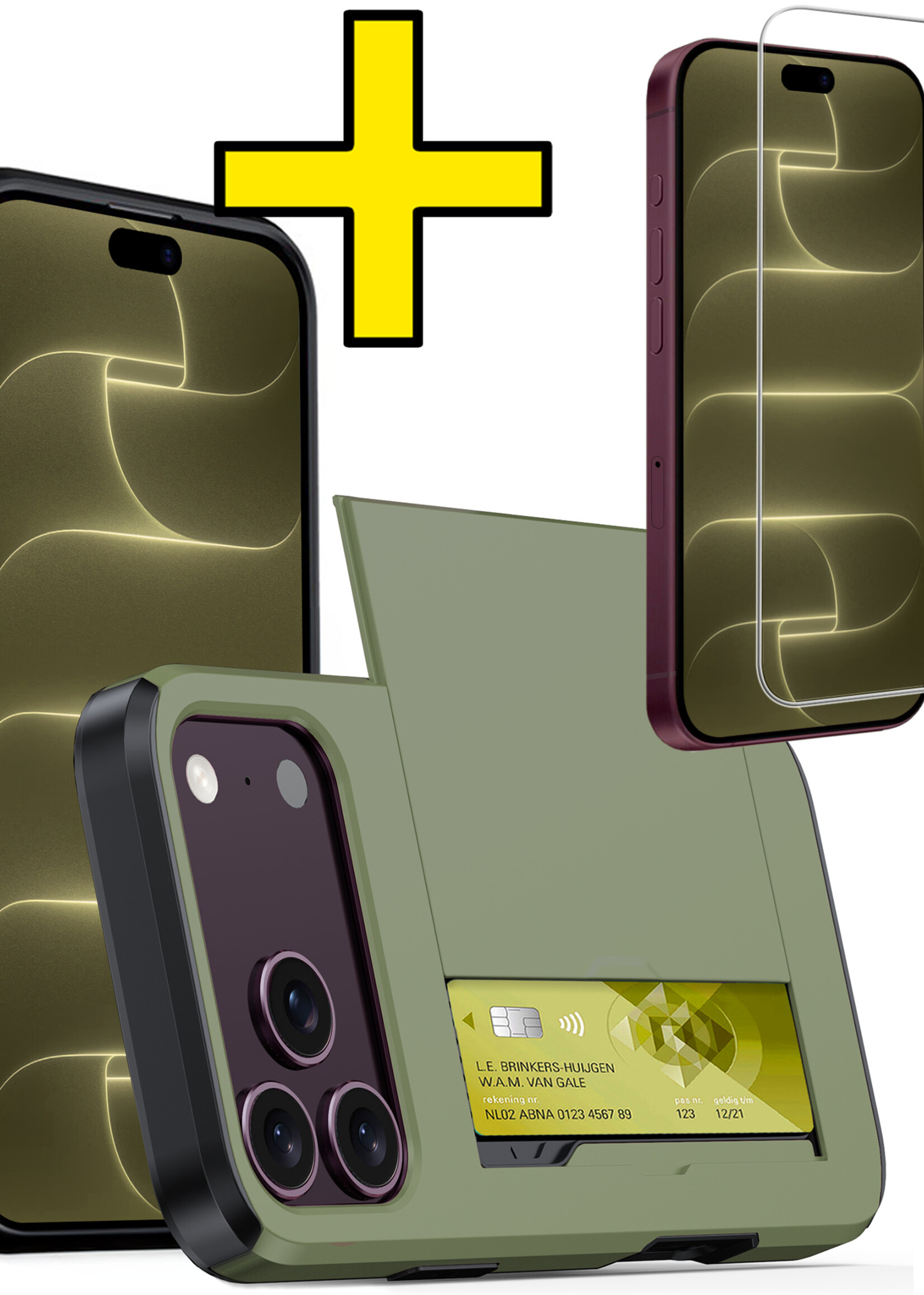 LUQ LUQ iPhone 18 Pro Hoesje Pashouder Hard Met Screenprotector - Donker Groen