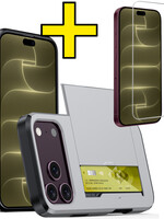 LUQ LUQ iPhone 18 Pro Hoesje Pashouder Hard Met Screenprotector - Grijs