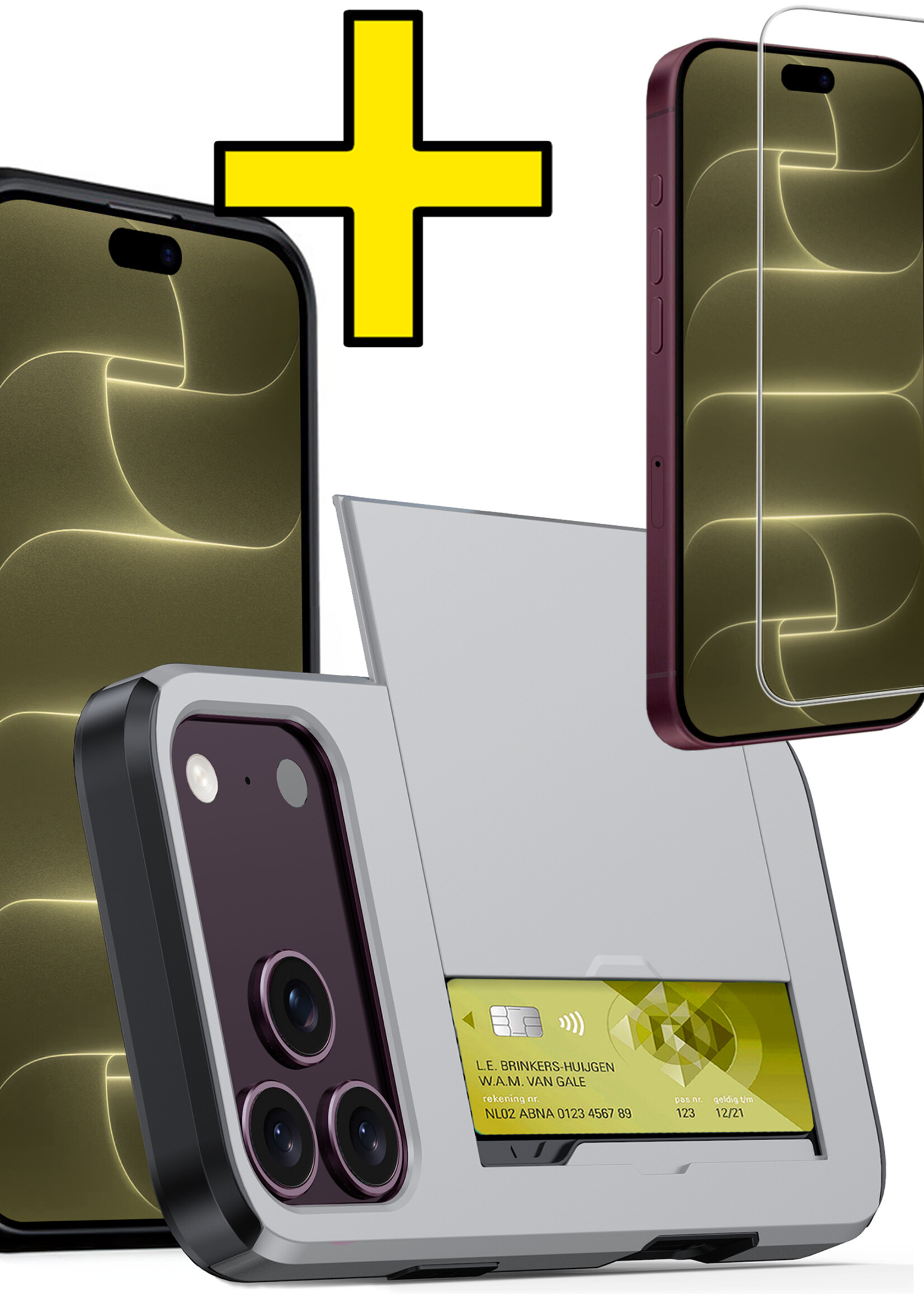 LUQ LUQ iPhone 18 Pro Hoesje Pashouder Hard Met Screenprotector - Grijs