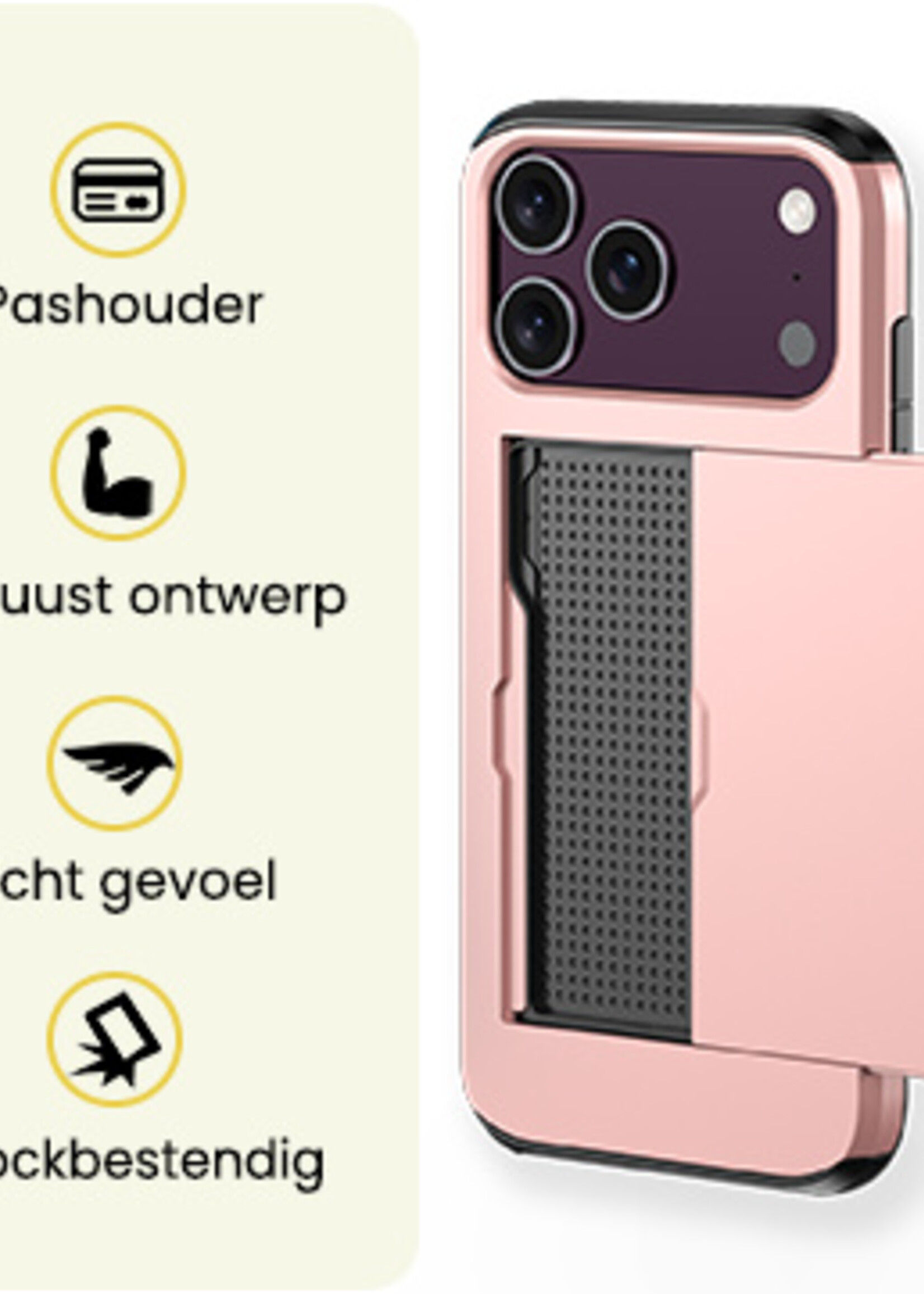 LUQ LUQ iPhone 18 Pro Hoesje Pashouder Hard Met Screenprotector - Rose Goud