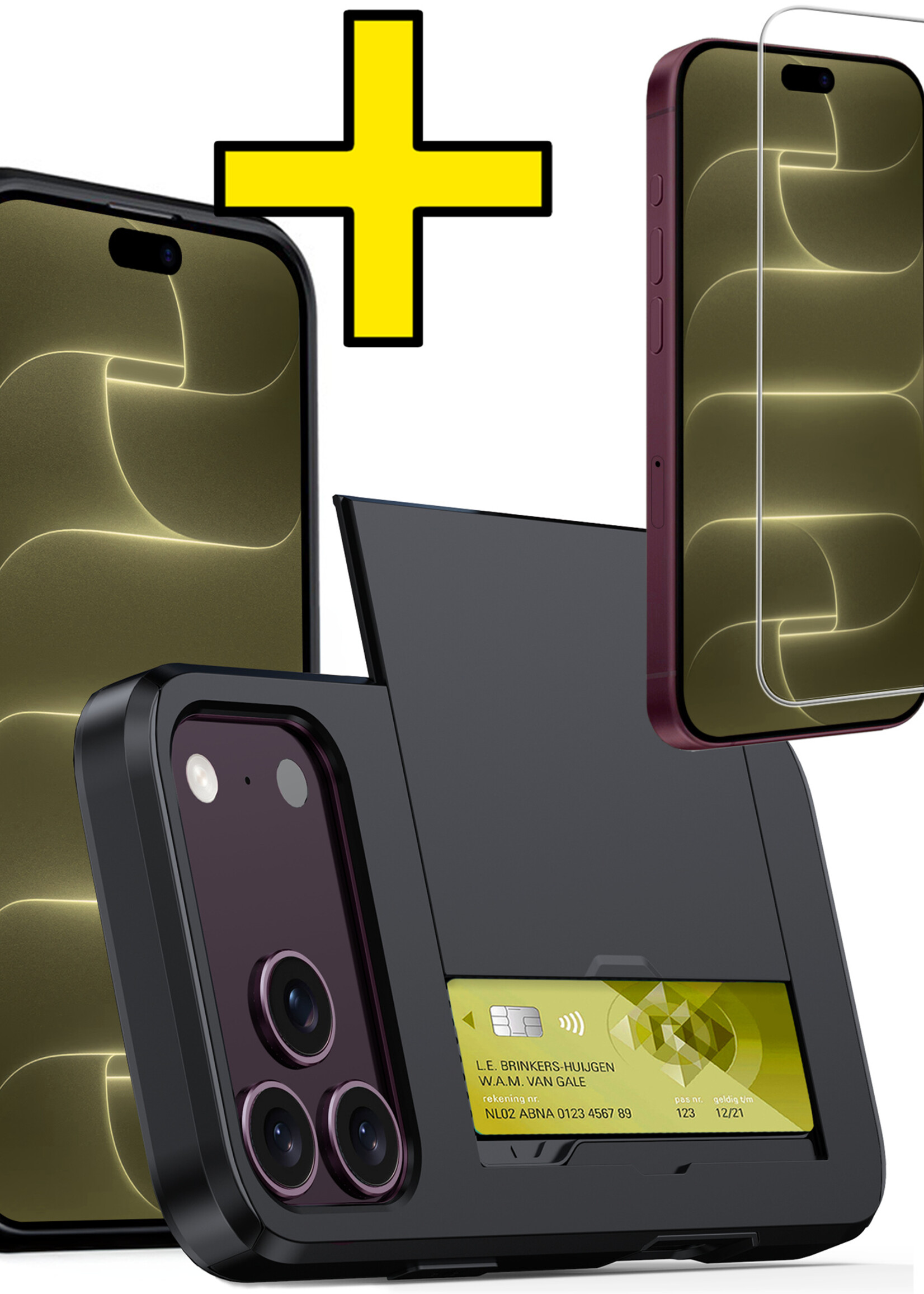 LUQ LUQ iPhone 18 Pro Hoesje Pashouder Hard Met Screenprotector - Zwart