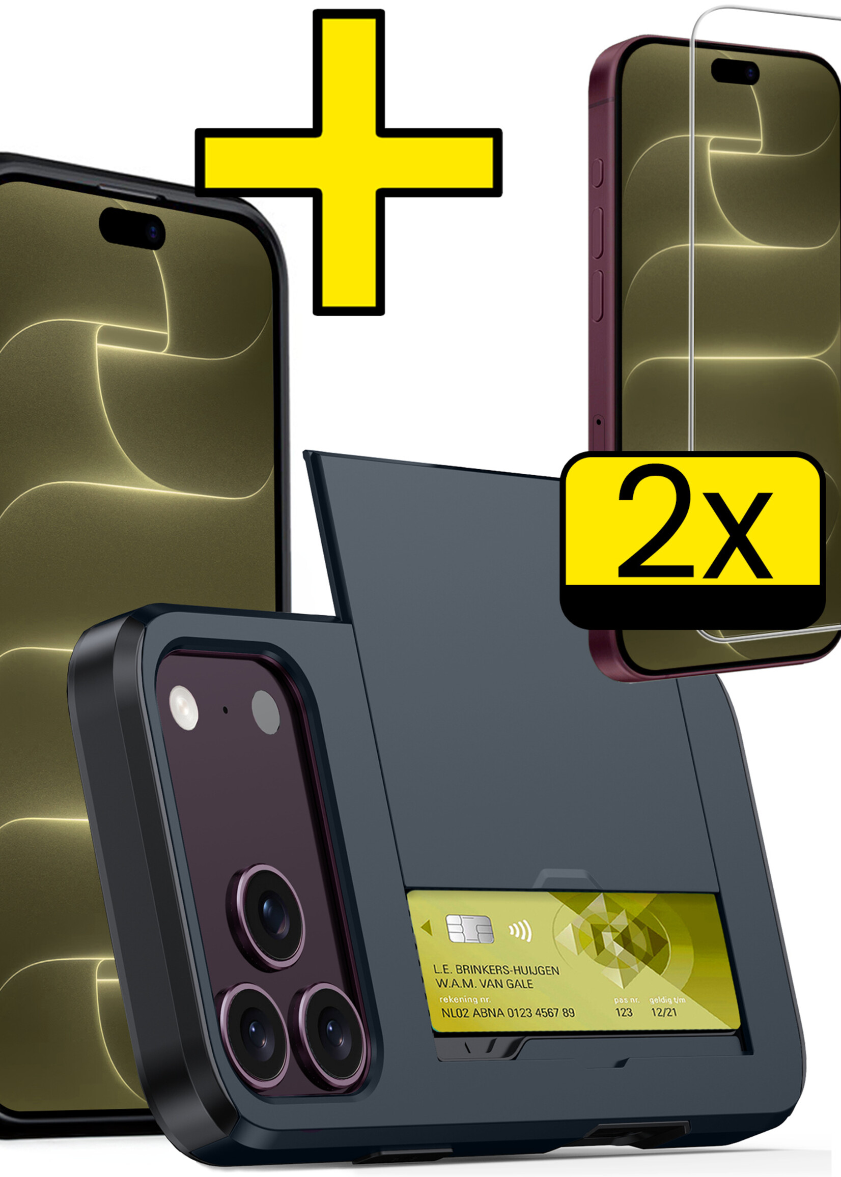 LUQ LUQ iPhone 18 Pro Hoesje Pashouder Hard Met 2x Screenprotector - Donker Blauw