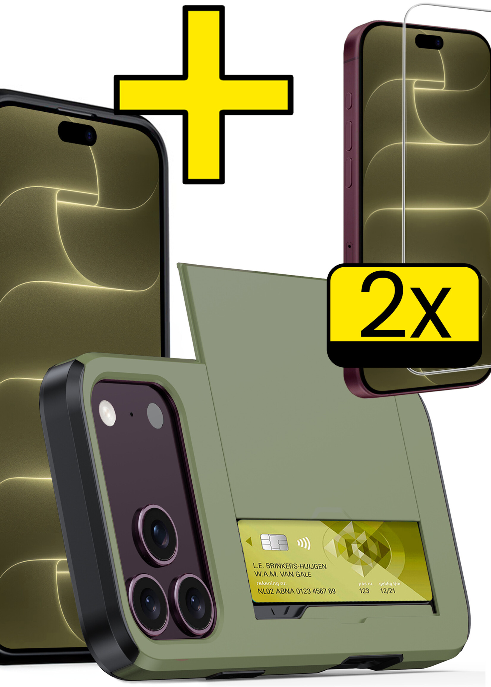 LUQ LUQ iPhone 18 Pro Hoesje Pashouder Hard Met 2x Screenprotector - Donker Groen