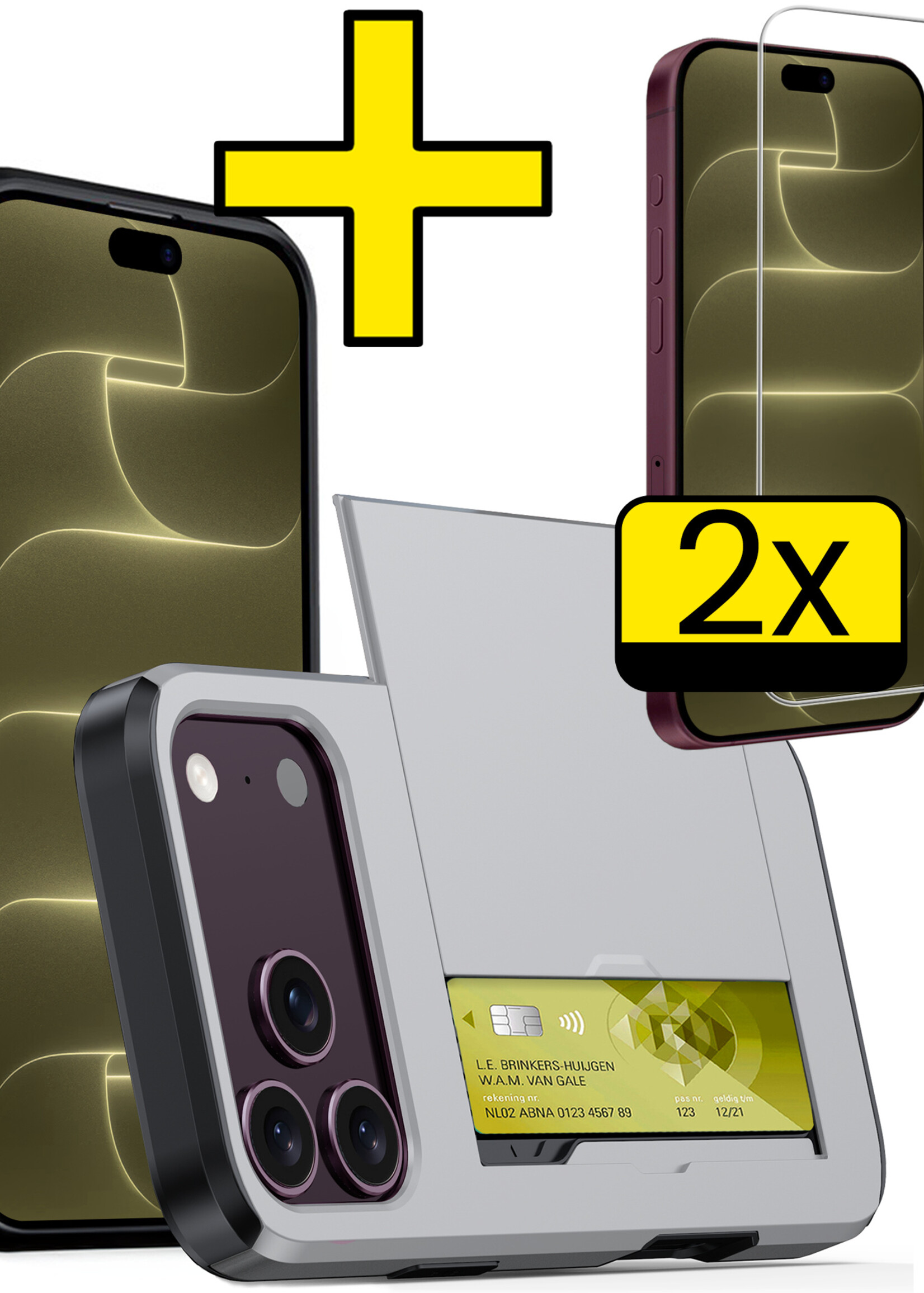 LUQ LUQ iPhone 18 Pro Hoesje Pashouder Hard Met 2x Screenprotector - Grijs