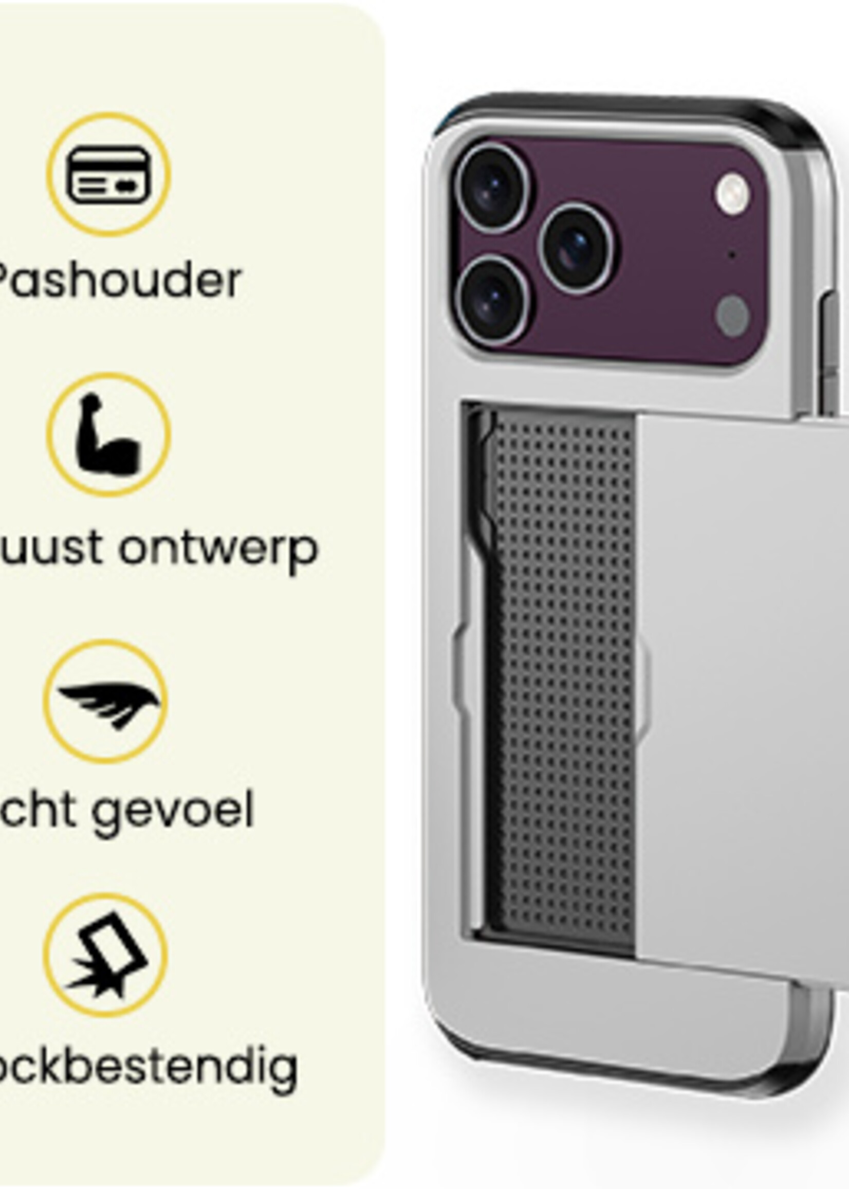 LUQ LUQ iPhone 18 Pro Hoesje Pashouder Hard Met 2x Screenprotector - Grijs