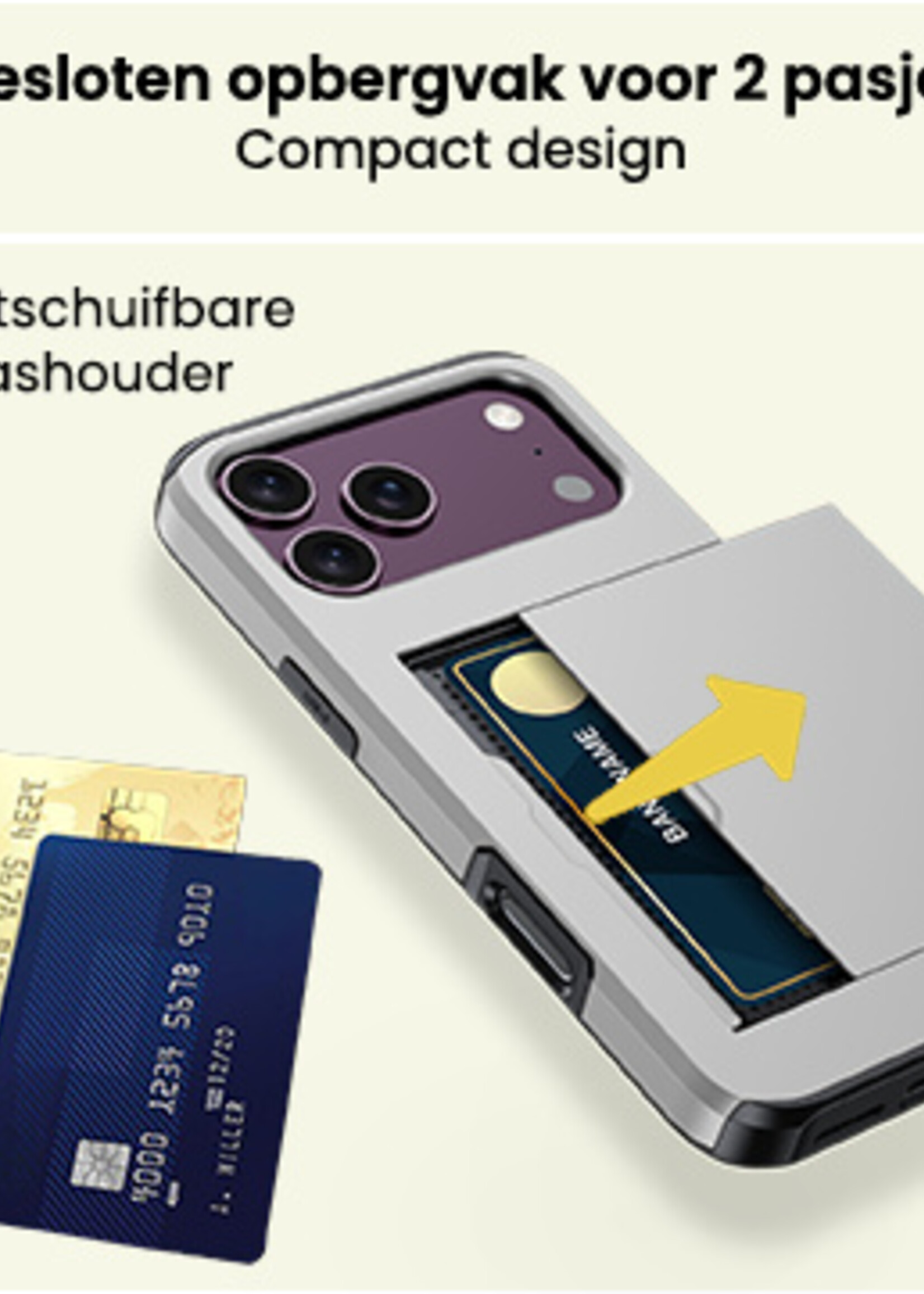 LUQ LUQ iPhone 18 Pro Hoesje Pashouder Hard Met 2x Screenprotector - Grijs