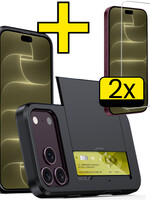 LUQ LUQ iPhone 18 Pro Hoesje Pashouder Hard Met 2x Screenprotector - Zwart