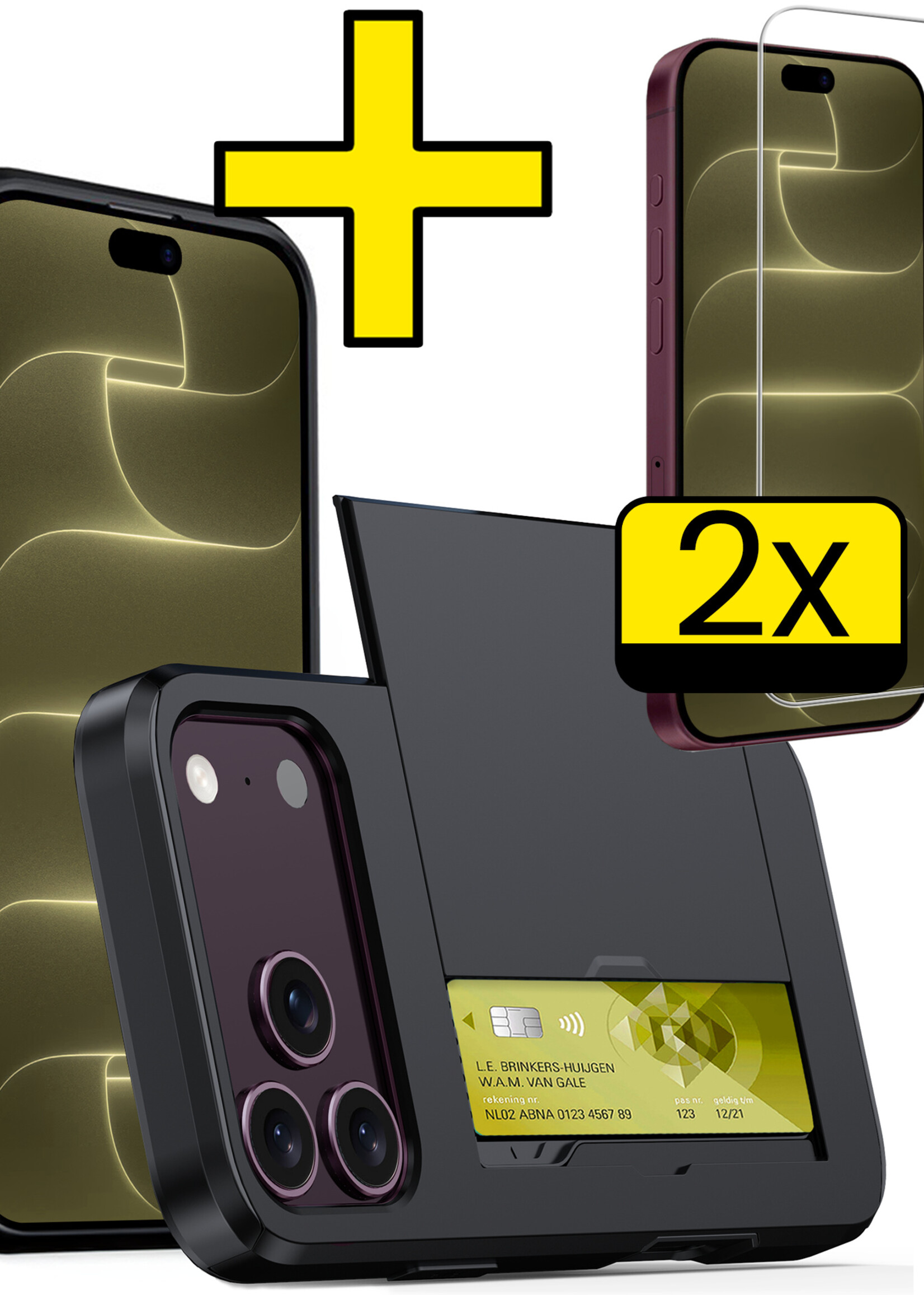 LUQ LUQ iPhone 18 Pro Hoesje Pashouder Hard Met 2x Screenprotector - Zwart