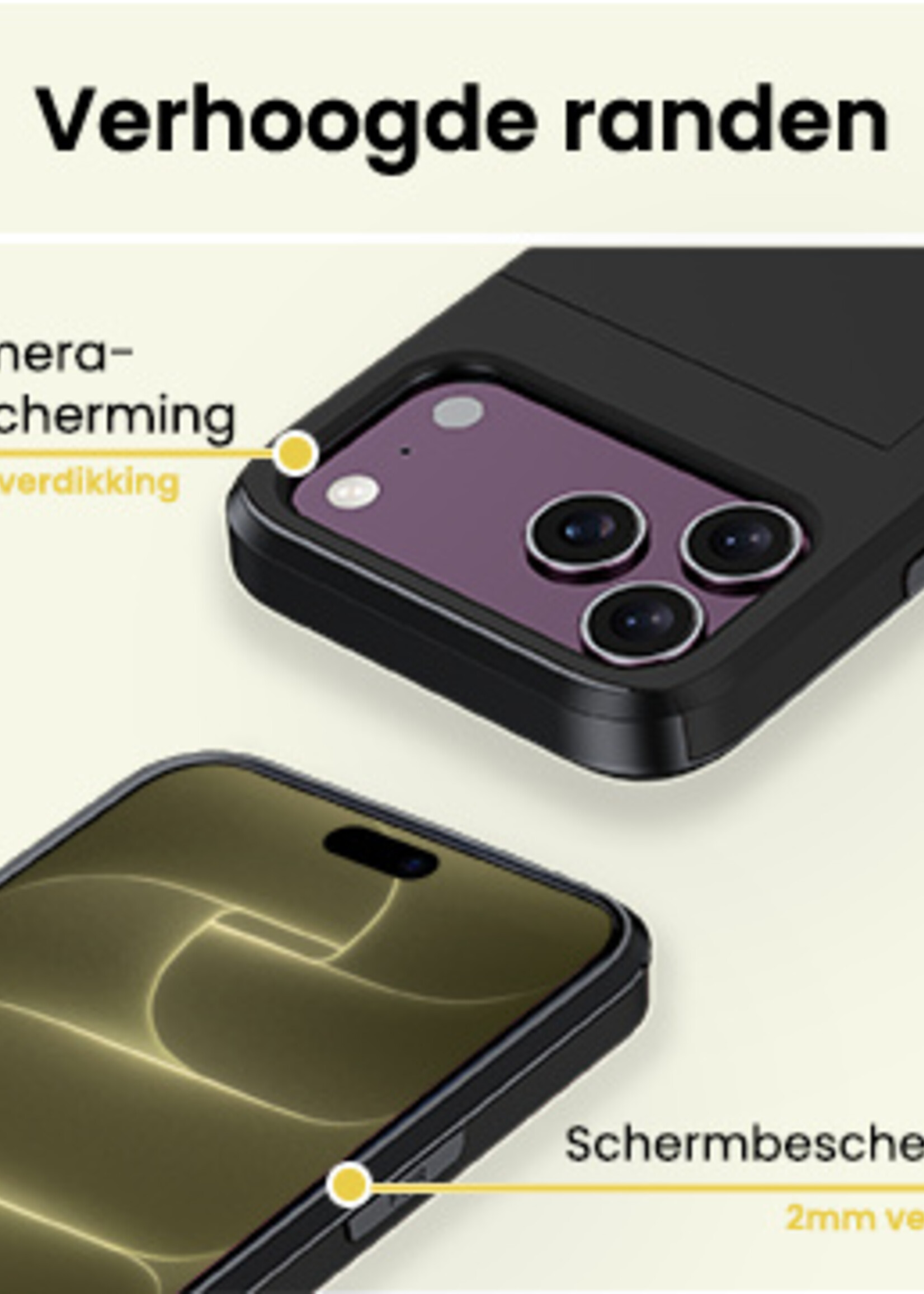 LUQ LUQ iPhone 18 Pro Hoesje Pashouder Hard Met 2x Screenprotector - Zwart