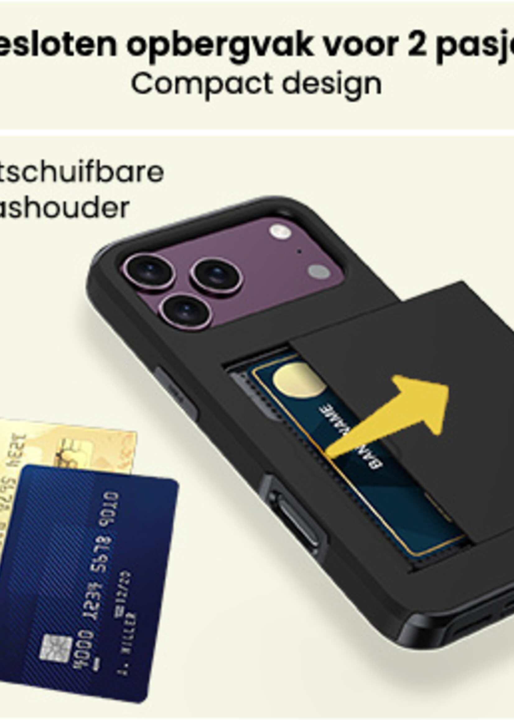 LUQ LUQ iPhone 18 Pro Hoesje Pashouder Hard Met 2x Screenprotector - Zwart