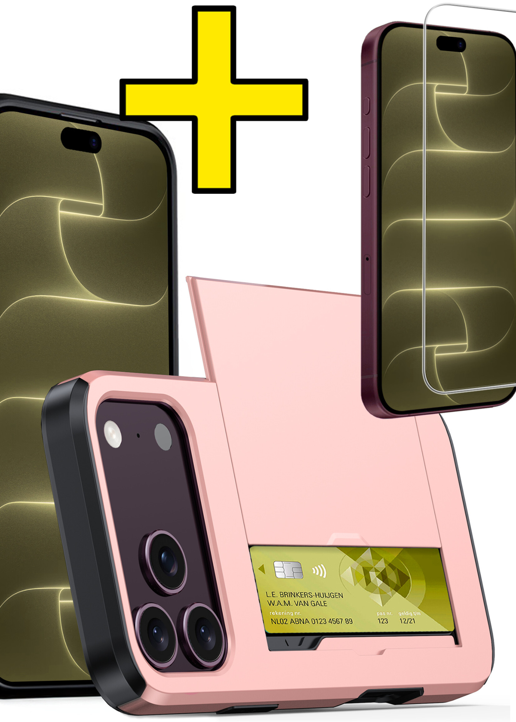 LUQ LUQ iPhone 18 Pro Max Hoesje Pashouder Hard Met Screenprotector - Rose Goud