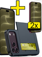 LUQ LUQ iPhone 18 Pro Max Hoesje Pashouder Hard Met 2x Screenprotector - Donker Blauw