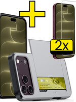 LUQ LUQ iPhone 18 Pro Max Hoesje Pashouder Hard Met 2x Screenprotector - Grijs