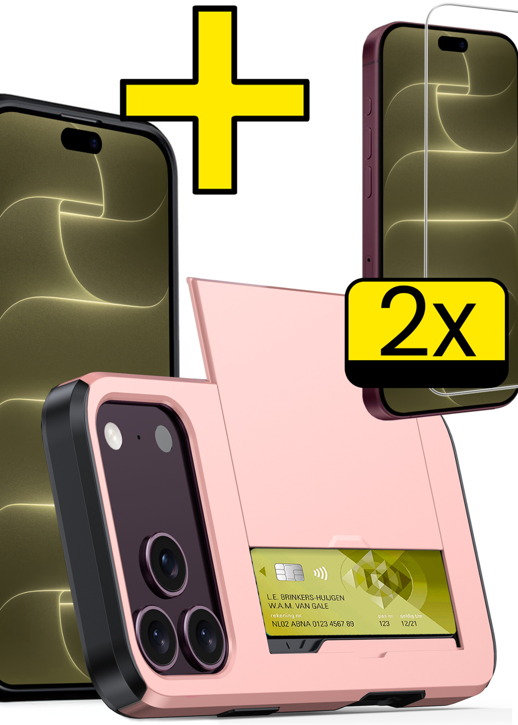 LUQ LUQ iPhone 18 Pro Max Hoesje Pashouder Hard Met 2x Screenprotector - Rose Goud