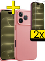 LUQ LUQ iPhone 18 Pro Hoesje Siliconen Met 2x Screenprotector Met Dichte Notch - Lichtroze