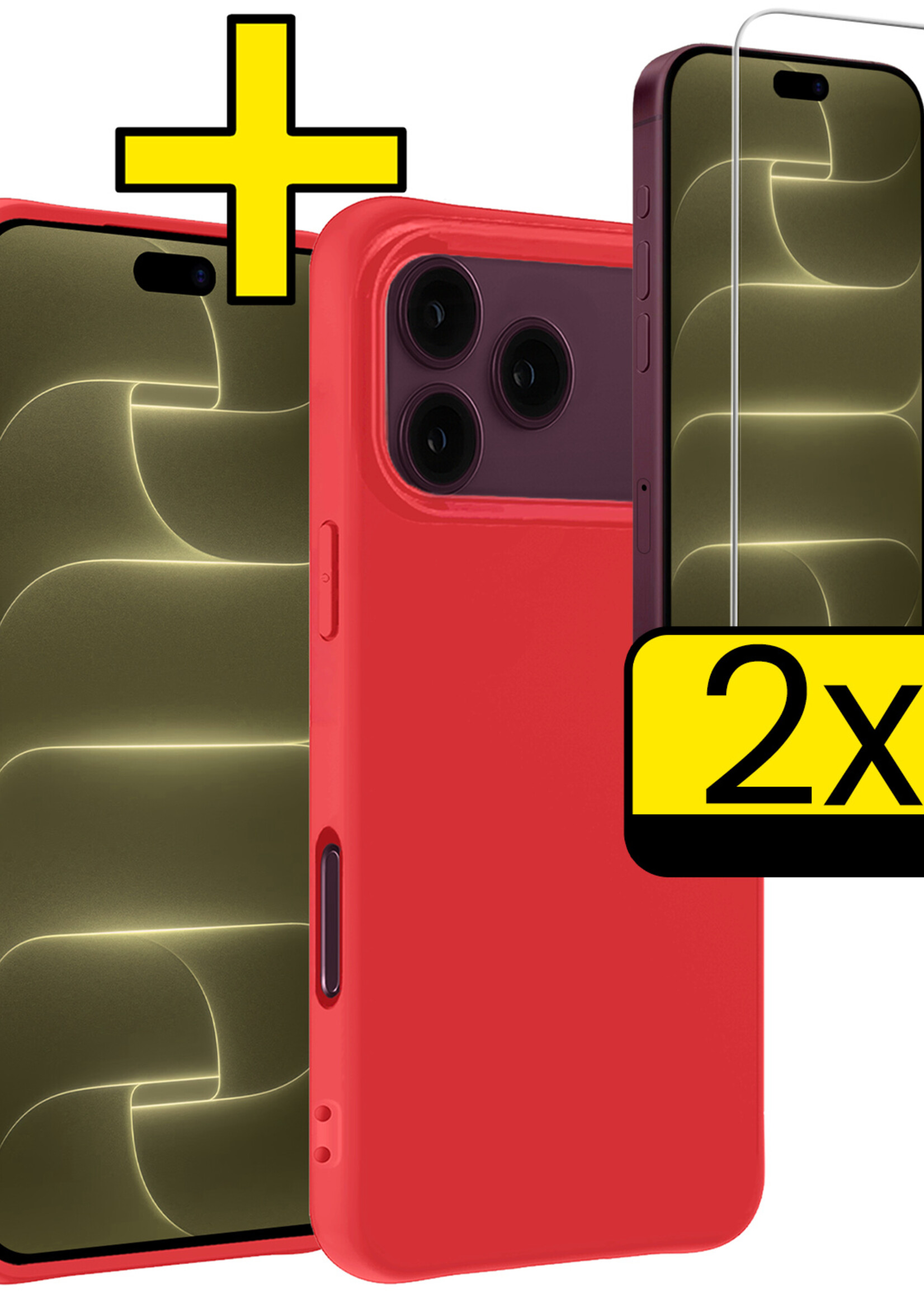 LUQ LUQ iPhone 18 Pro Hoesje Siliconen Met 2x Screenprotector Met Dichte Notch - Rood