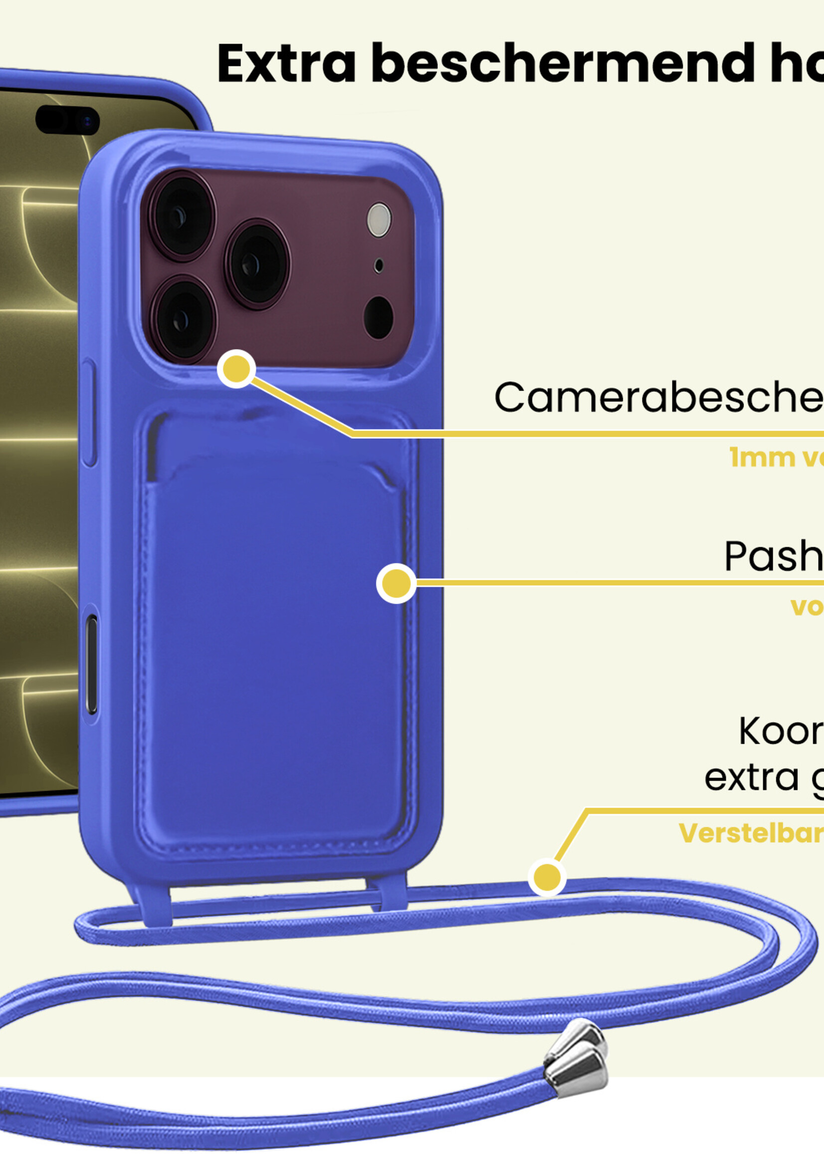 LUQ LUQ iPhone 18 Pro Hoesje Pashouder met Koord - Fel Blauw